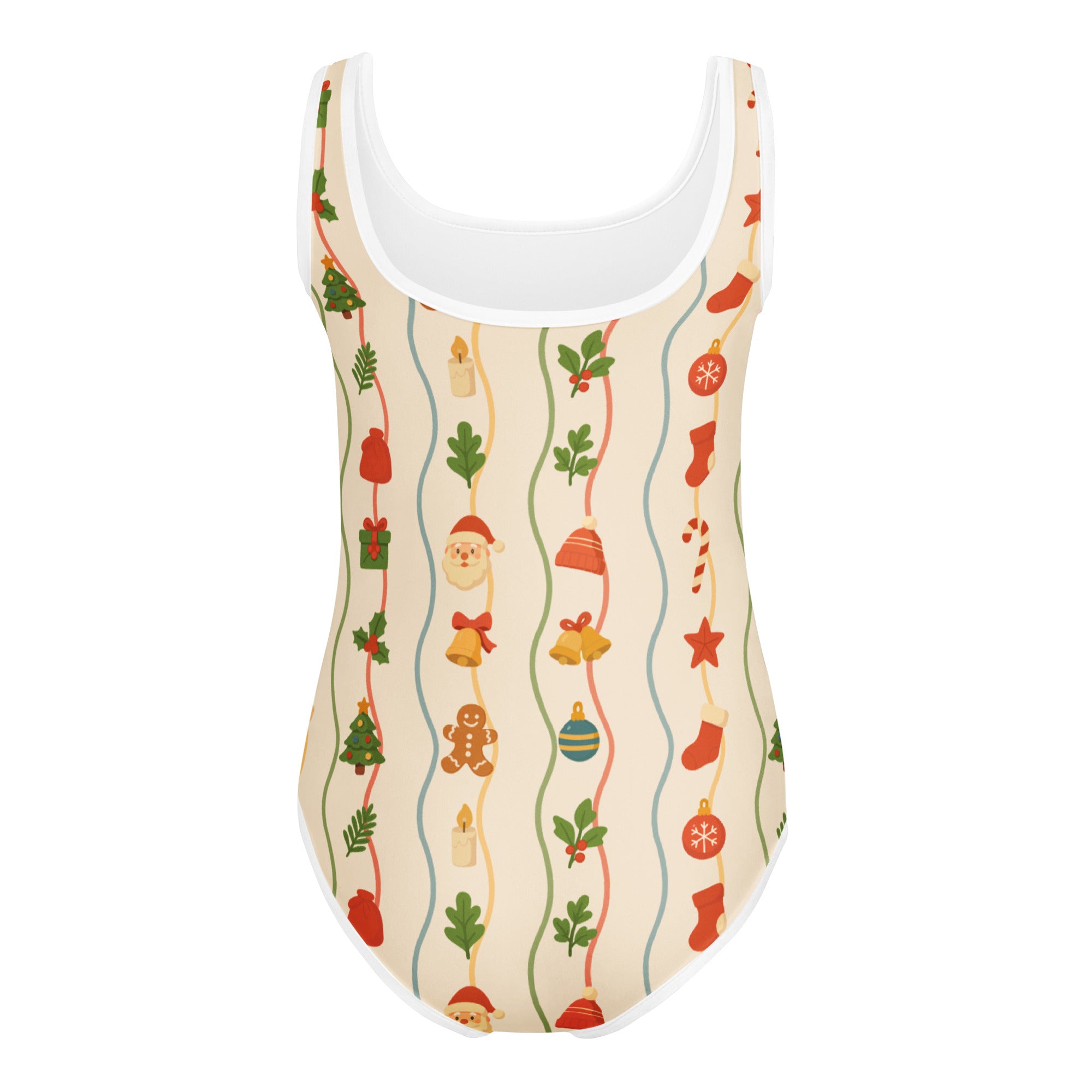 A festive beige buttery soft girls one-piece swimsuit with christmas-themed santa and candy cane pattern for dance and gymnastics