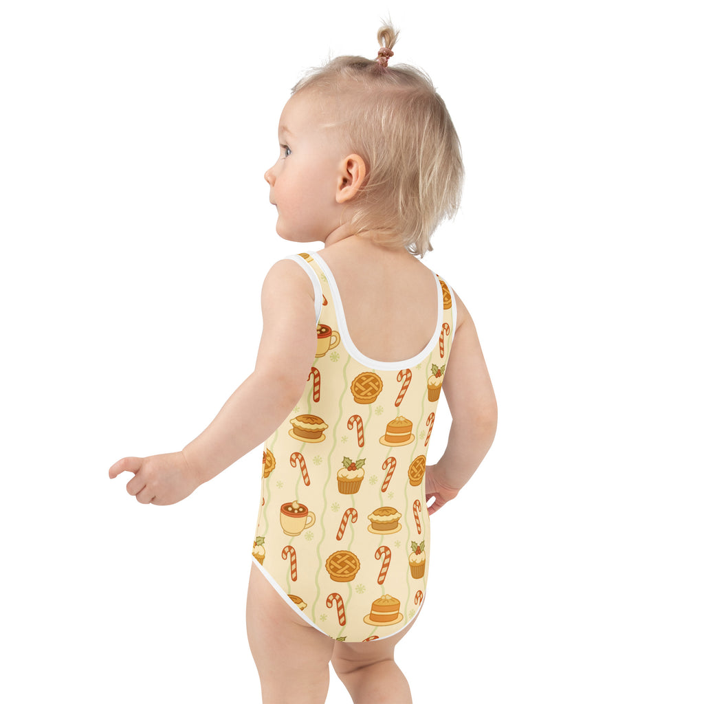 Pale yellow girls christmas treats buttery soft one-piece swimsuit with upf 50 plus candy cane and dessert pattern