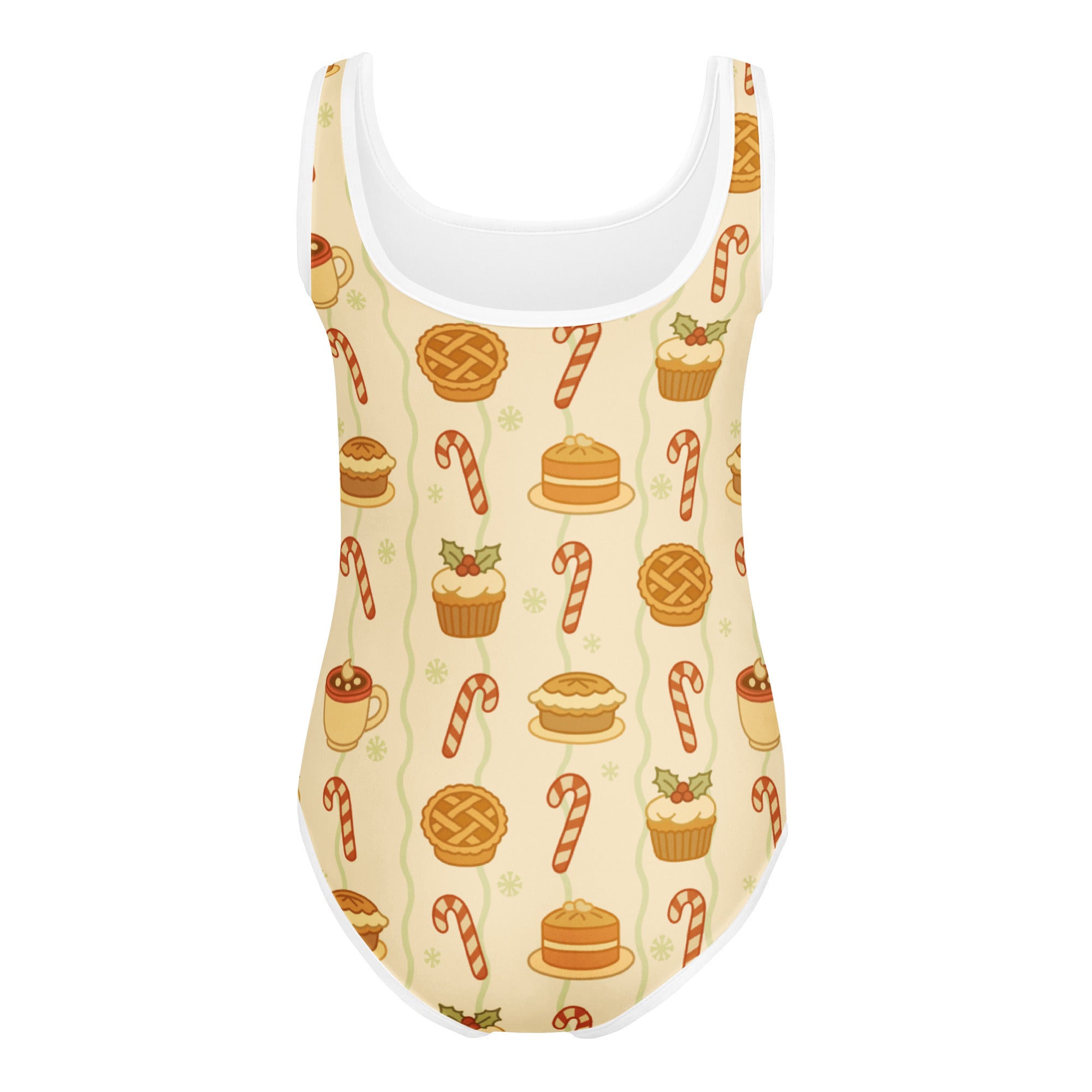 Beige girls holiday treats buttery soft leotard with white trim and candy cane and dessert pattern quick drying for dance