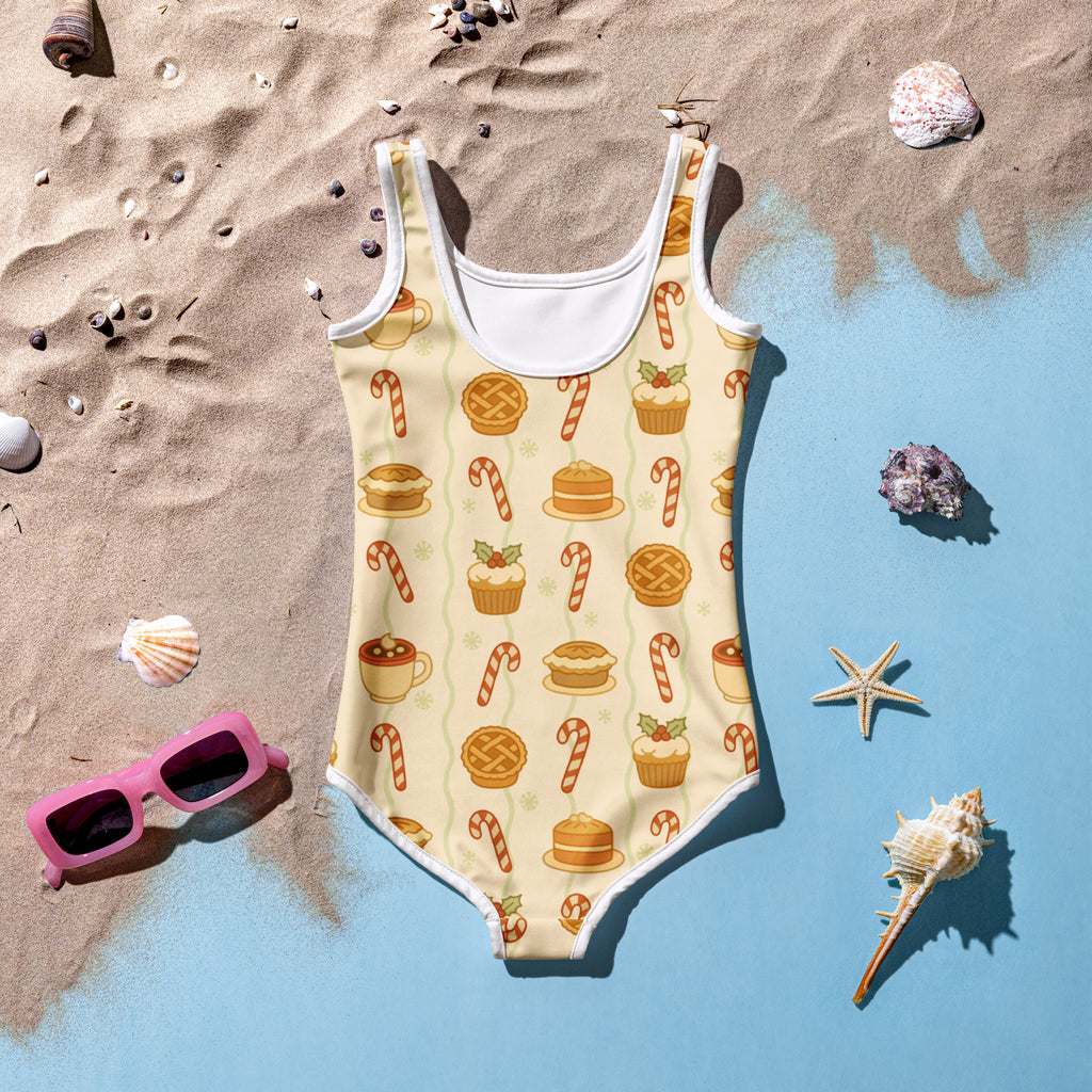 Beige girls christmas treats buttery soft one-piece swimsuit with candy cane and cupcake pattern upf 50 plus