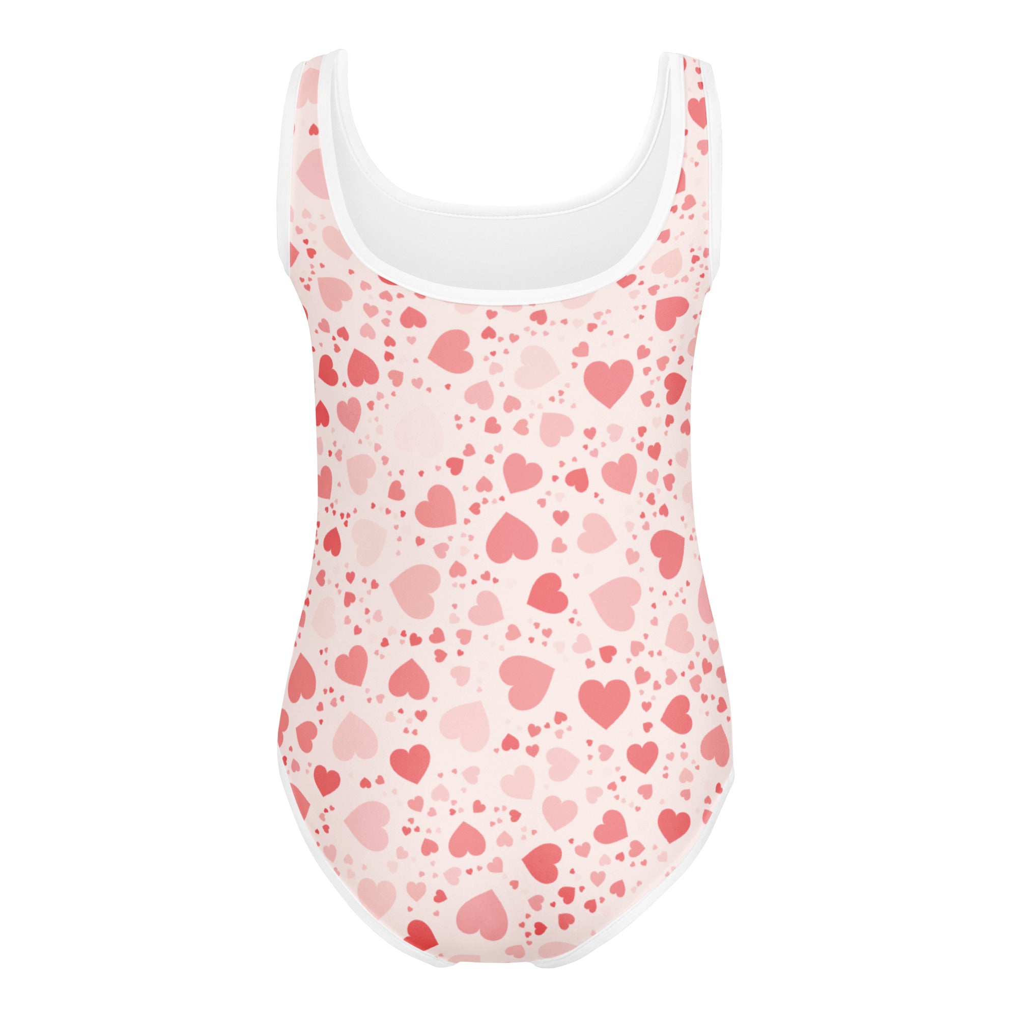 Girls pink hearts buttery soft leotard with white trim featuring scattered red and pink hearts for dance and gymnastics