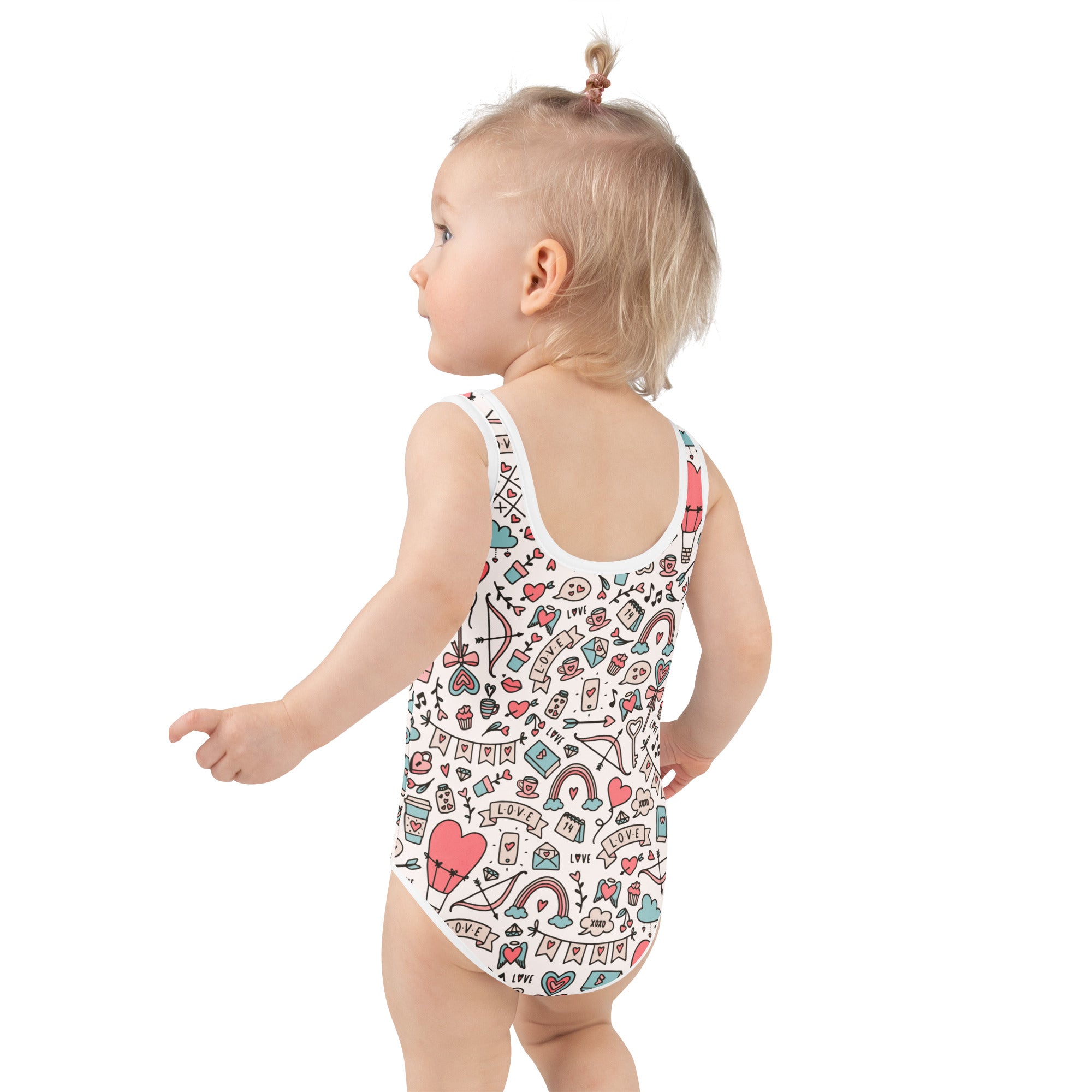 Girls valentine’s day doodle heart white one-piece swimsuit with colorful love-themed illustrations and UPF 50+ protection
