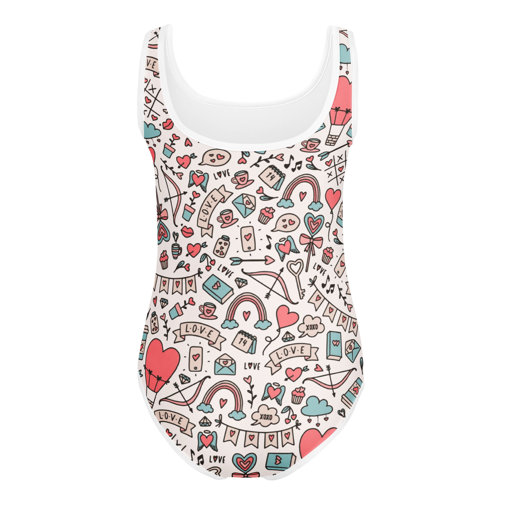 White girls valentine’s day one-piece swimsuit with pastel heart rainbow bow love doodle pattern quick drying