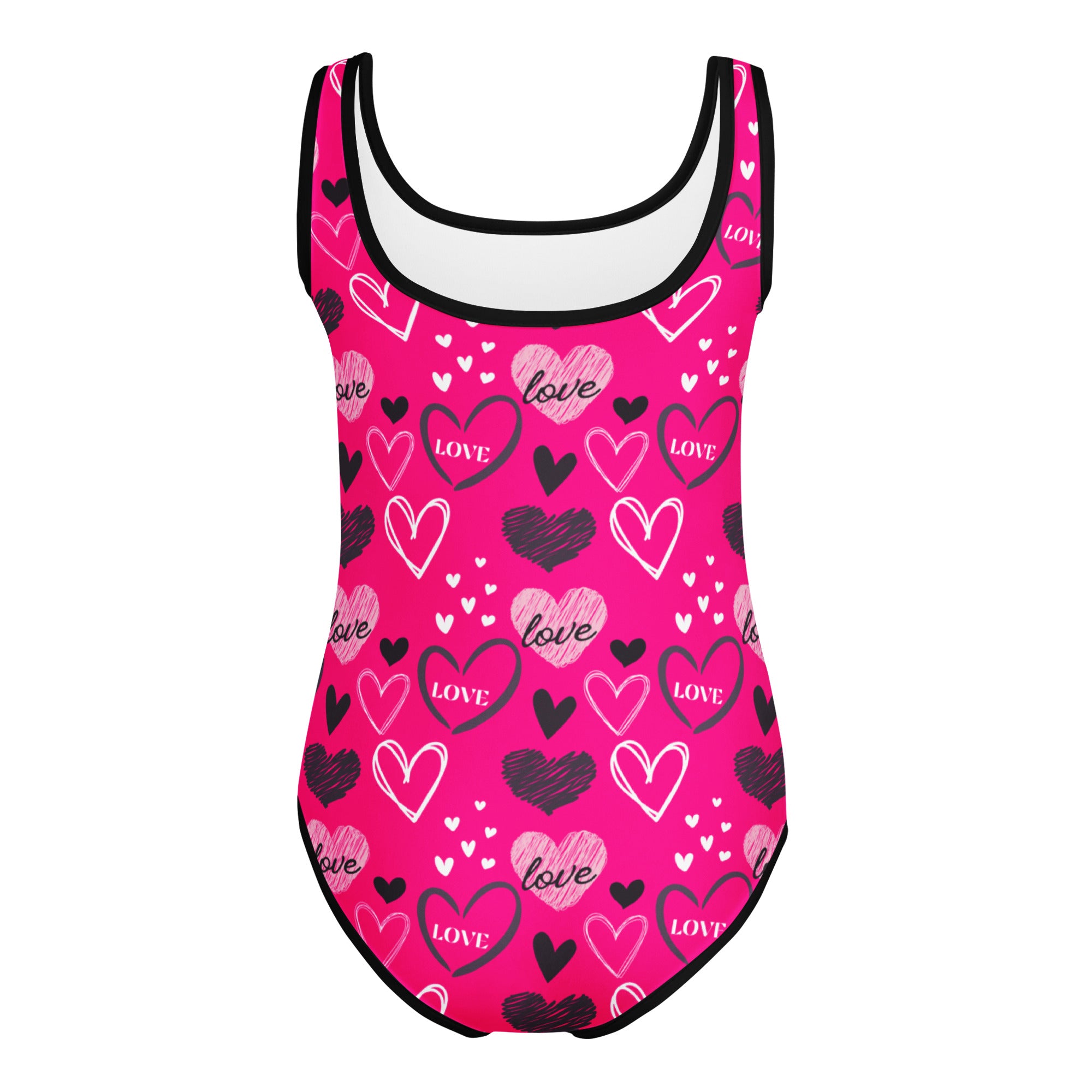 Girl’s vibrant pink buttery soft one-piece swimsuit with black white hearts and love print for dance and gymnastics