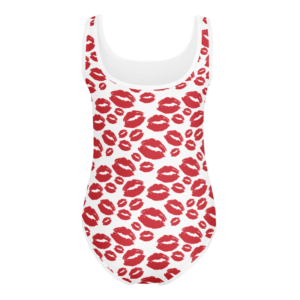 White one-piece girls leotard with vibrant red lipstick print buttery soft quick drying for dance and gymnastics