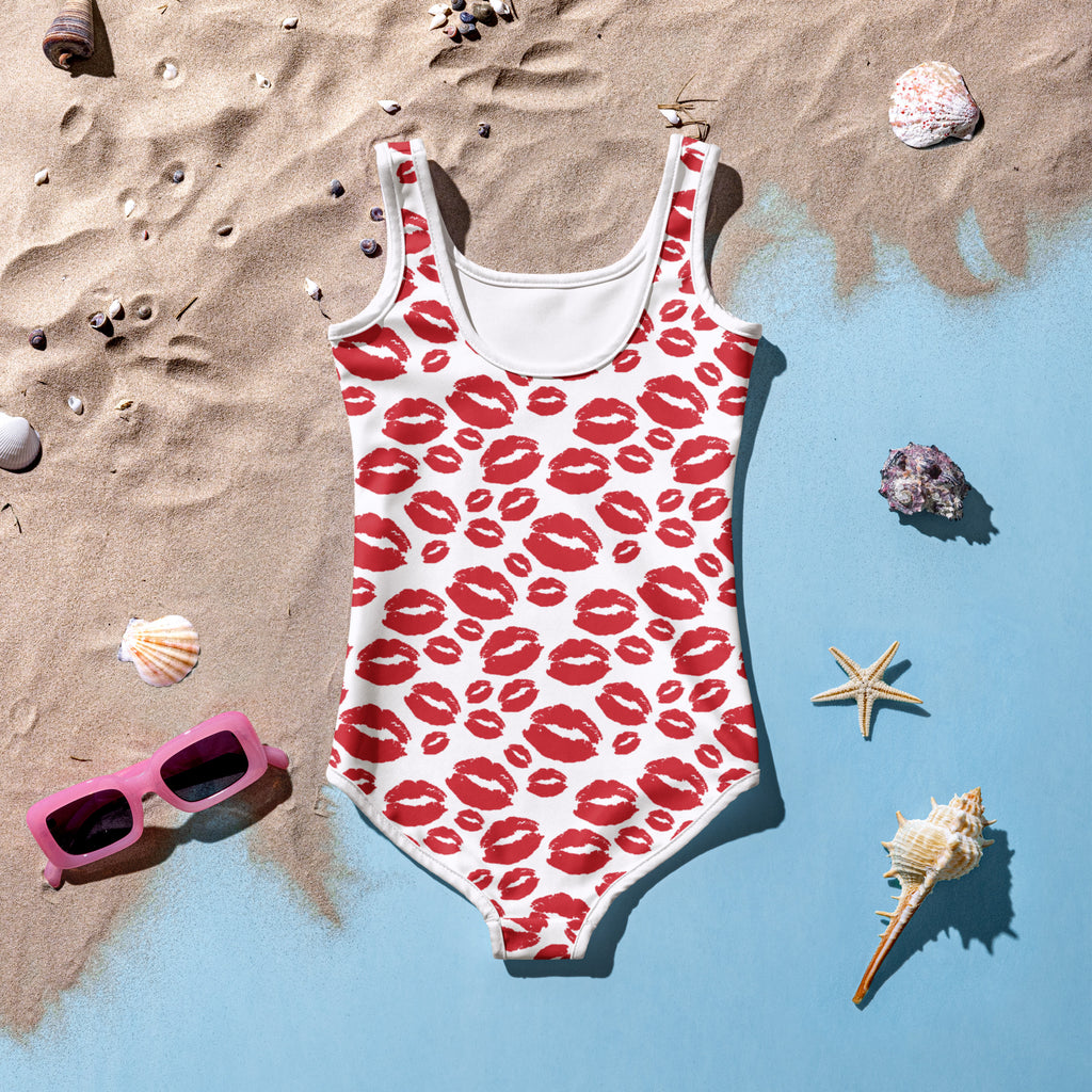 Girls valentine’s day red and white one-piece swimsuit with lipstick print buttery soft fabric and UPF 50 plus protection