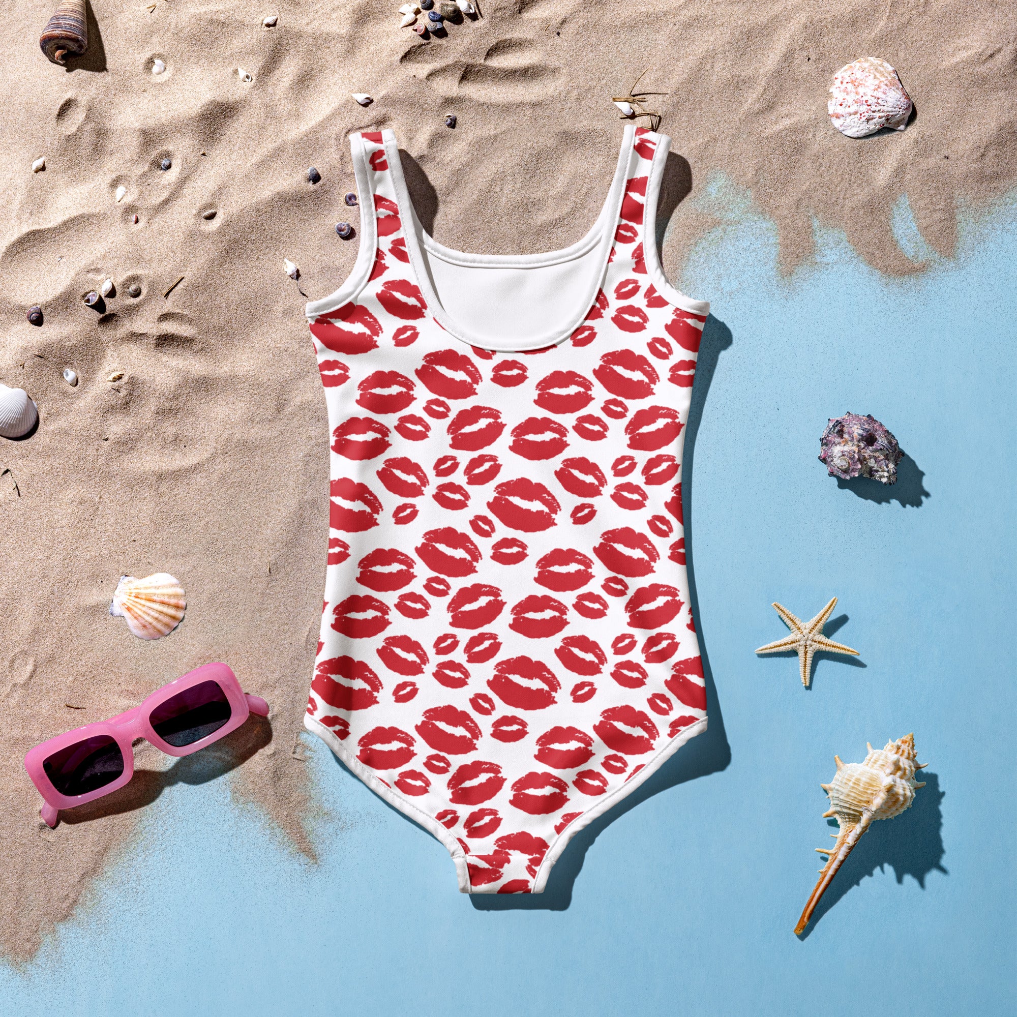 Girls valentine’s day red and white one-piece swimsuit with lipstick print buttery soft fabric and UPF 50 plus protection
