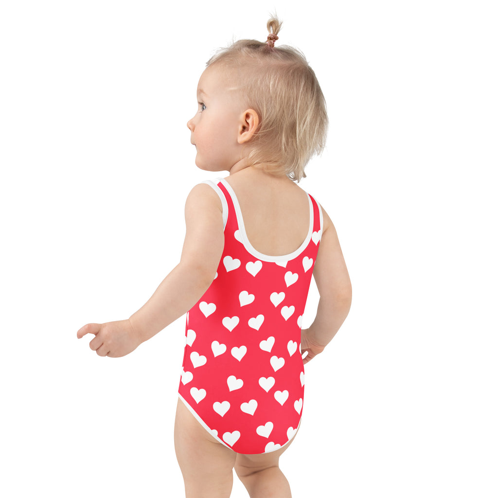 Girls red one-piece swimsuit with white heart pattern and trim buttery soft fabric upf 50 plus double layered front