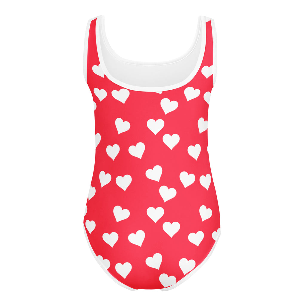 Girls bright pink heart buttery soft leotard in red with white hearts and trim quick drying for dance and gymnastics