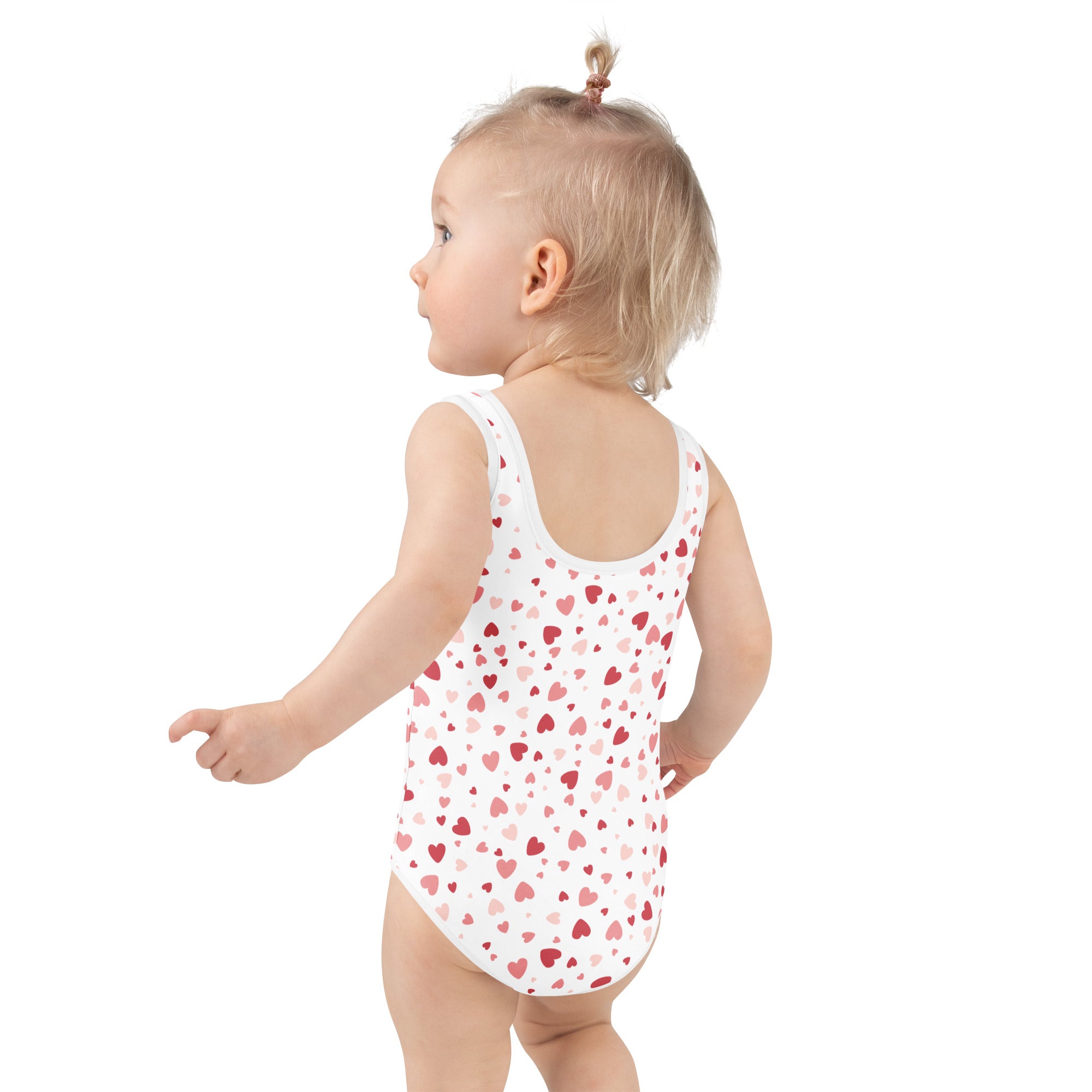 White girls one-piece bodysuit with red and pink hearts buttery soft fabric upf 50 plus double layered front