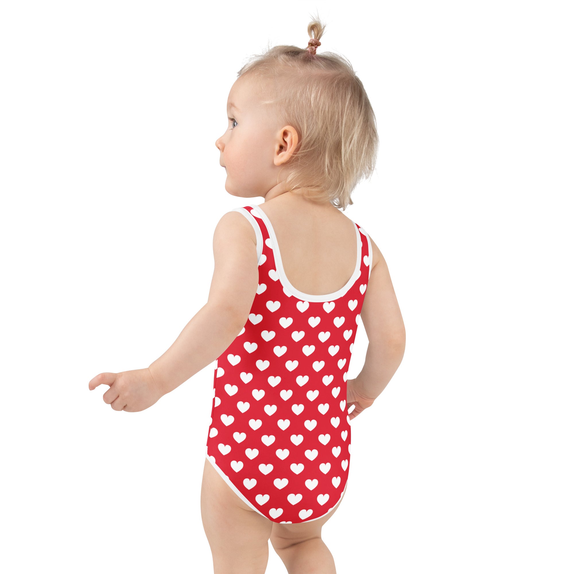 Girls red heart buttery soft swimsuit with white trim and UPF 50 plus double layered front for sun protection