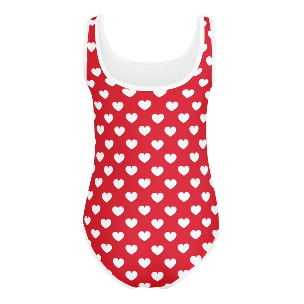 Girls red heart buttery soft leotard in one-piece swimsuit style with white trim for dance and gymnastics use