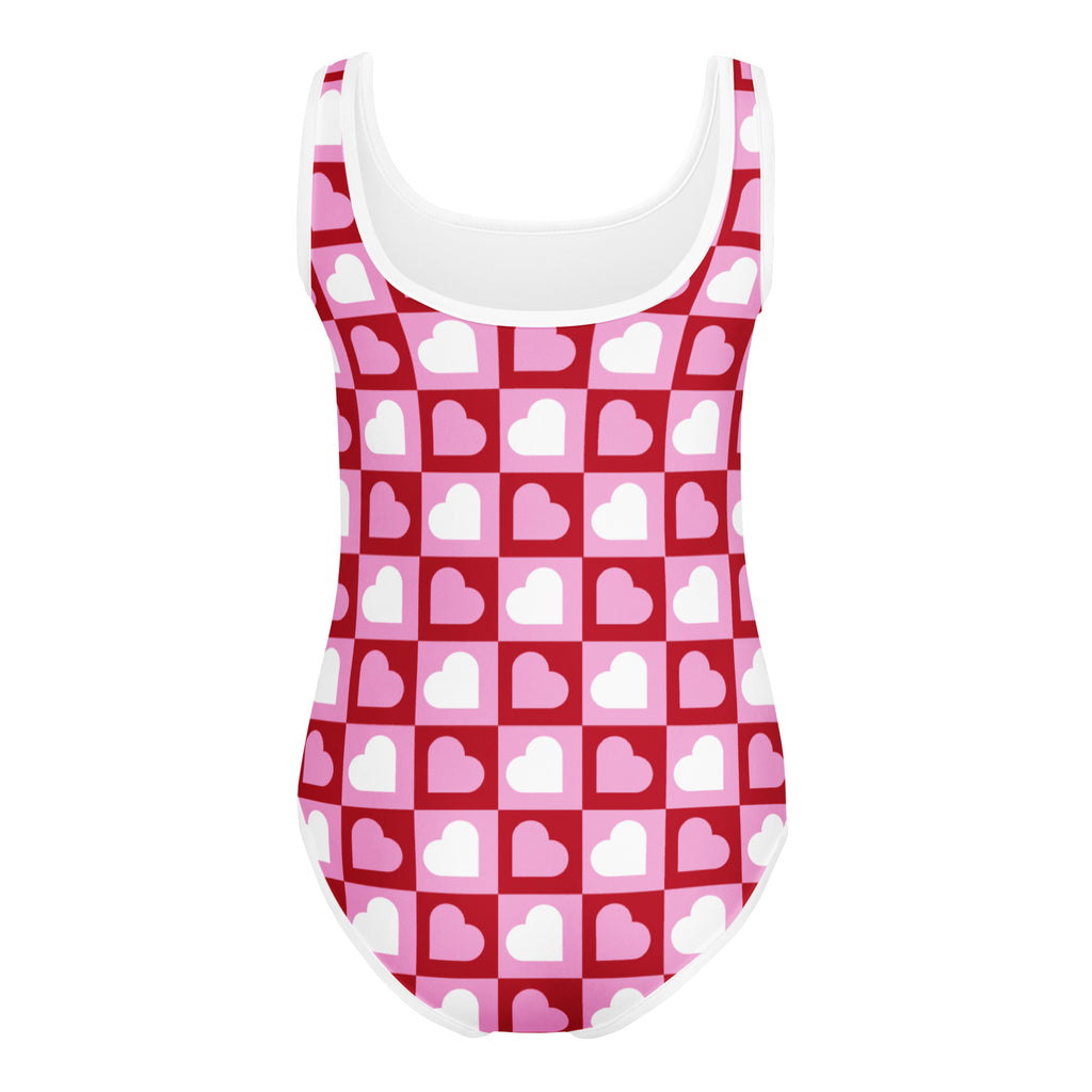 Girls valentine’s day checkered heart leotard in pink and white with buttery soft fabric for dance and gymnastics