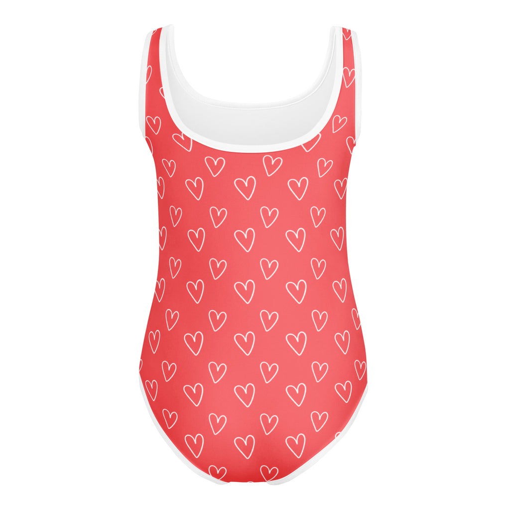 A coral girls heart outline buttery soft leotard with white scoop neckline quick drying for dance and gymnastics