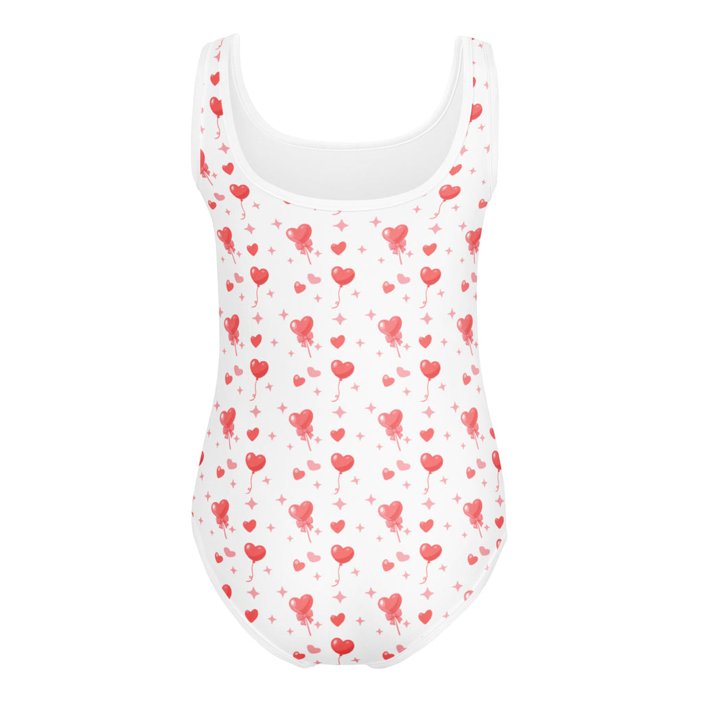 White one-piece swimsuit with red heart-shaped balloons and pink stars buttery soft quick drying for dance and gymnastics