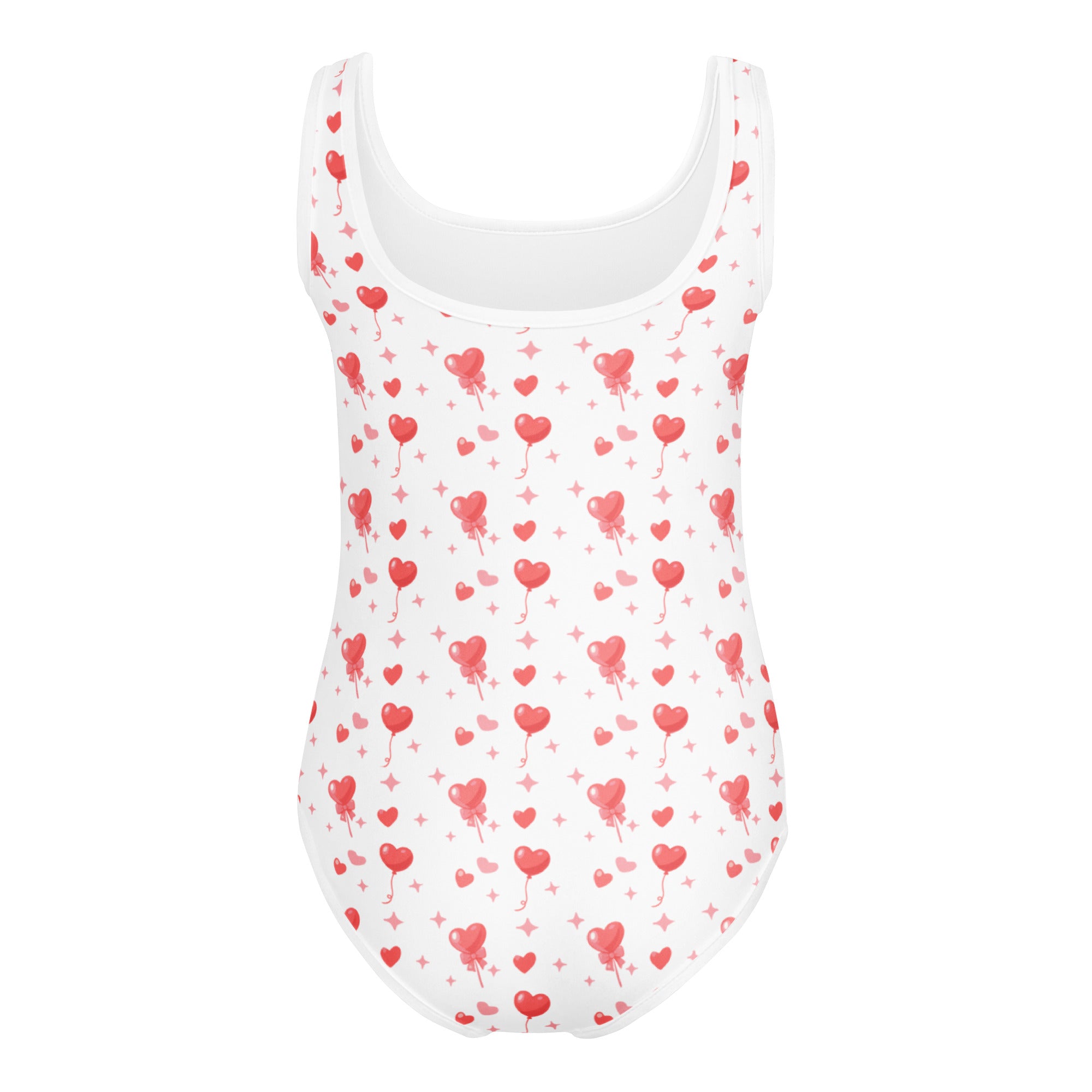 White one-piece swimsuit with red heart-shaped balloons and pink stars buttery soft quick drying for dance and gymnastics