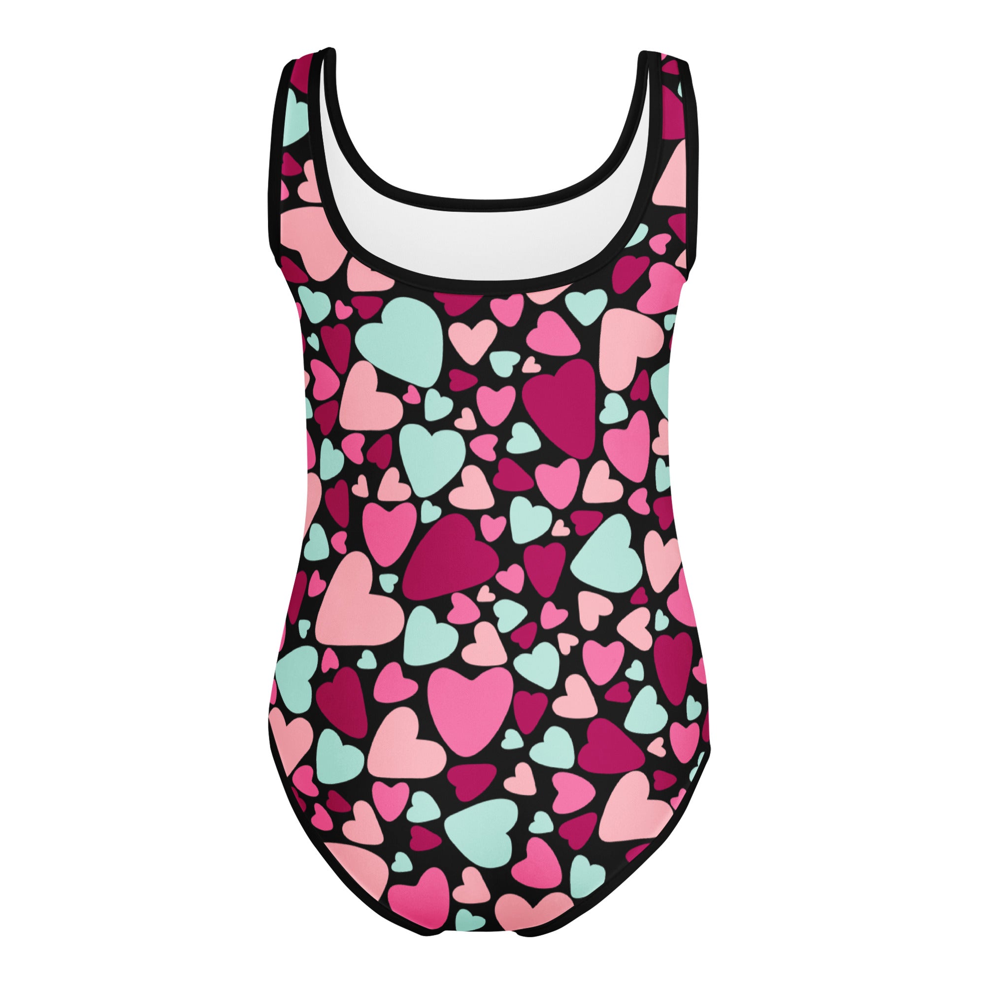 Girls valentine’s day multicolor heart buttery soft quick drying sleeveless leotard for dance and gymnastics with pink magenta and mint hearts on black