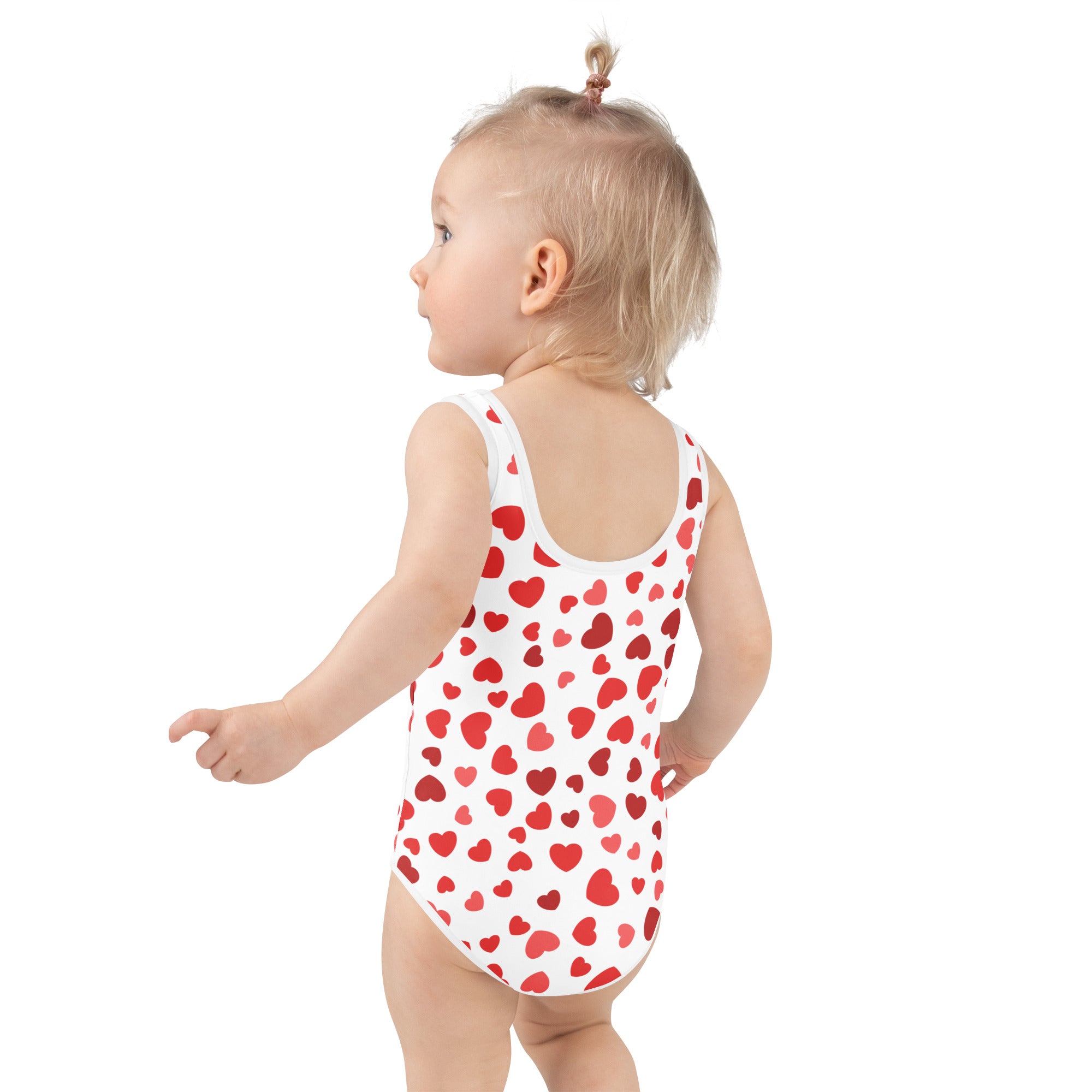 White girls one-piece swimsuit with red heart pattern buttery soft fabric and upf 50 plus protection