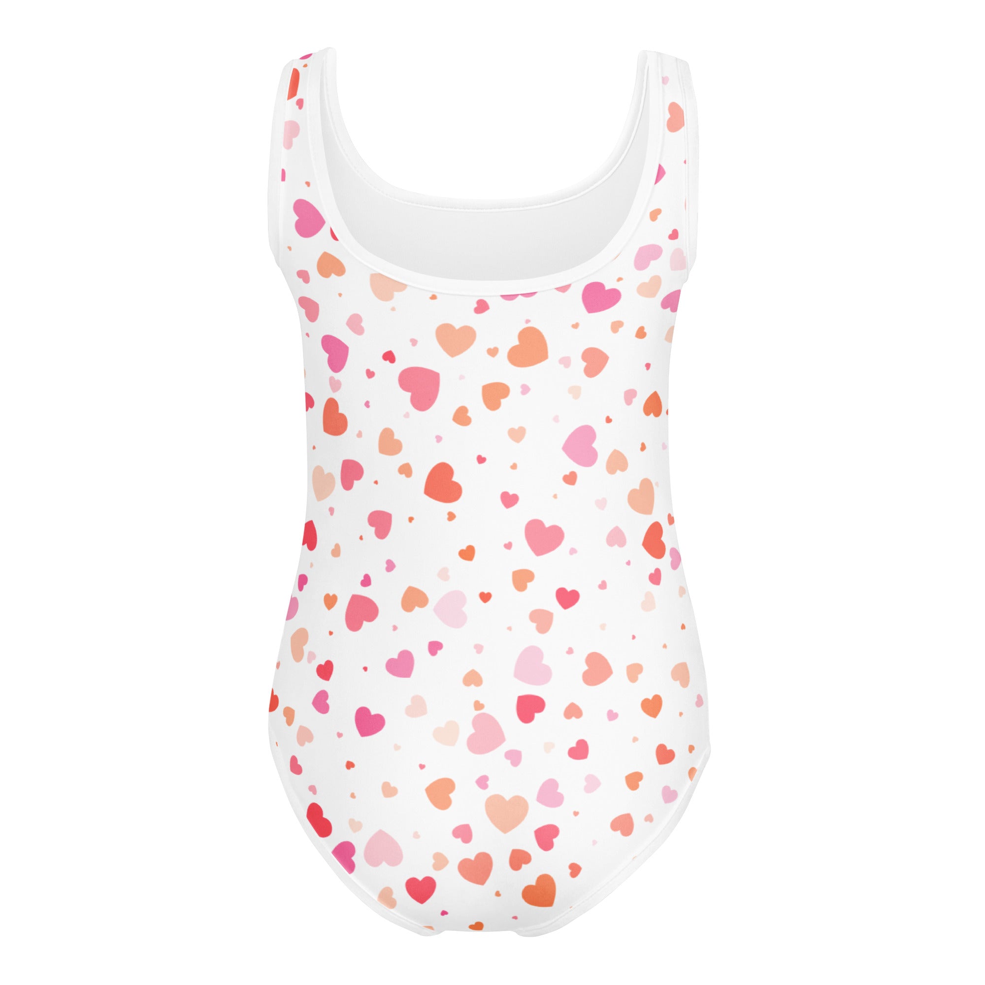 Girls pastel heart buttery soft white leotard with pink and peach hearts quick drying for dance and gymnastics