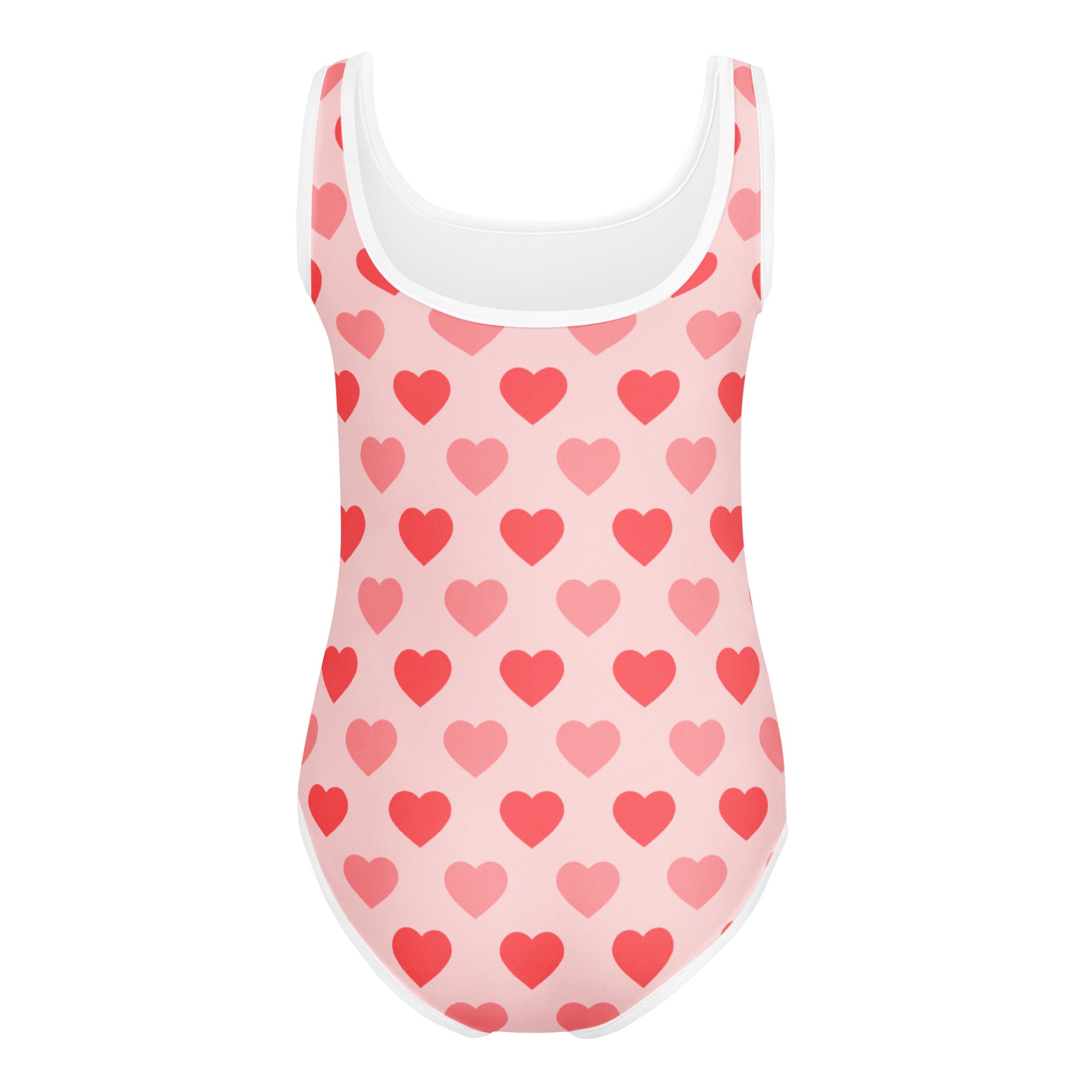 Girls pink heart buttery soft leotard with white trim and scattered red hearts quick drying for dance and gymnastics