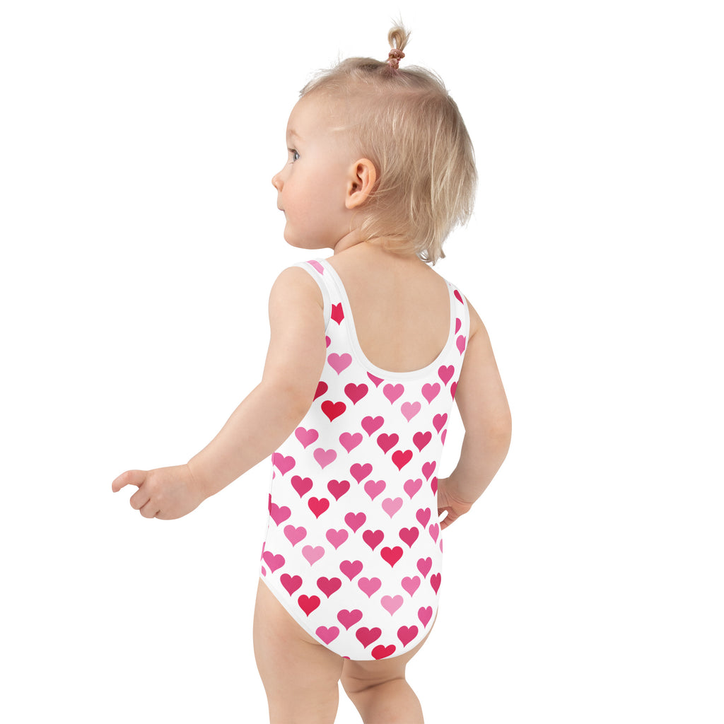 White girls one-piece swimsuit with pink and red heart pattern buttery soft fabric upf 50 plus double layered front