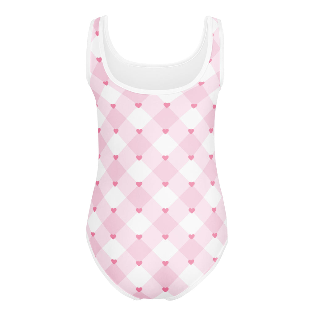 Girls pink argyle heart buttery soft one-piece swimsuit with small heart patterns quick drying for dance and gymnastics