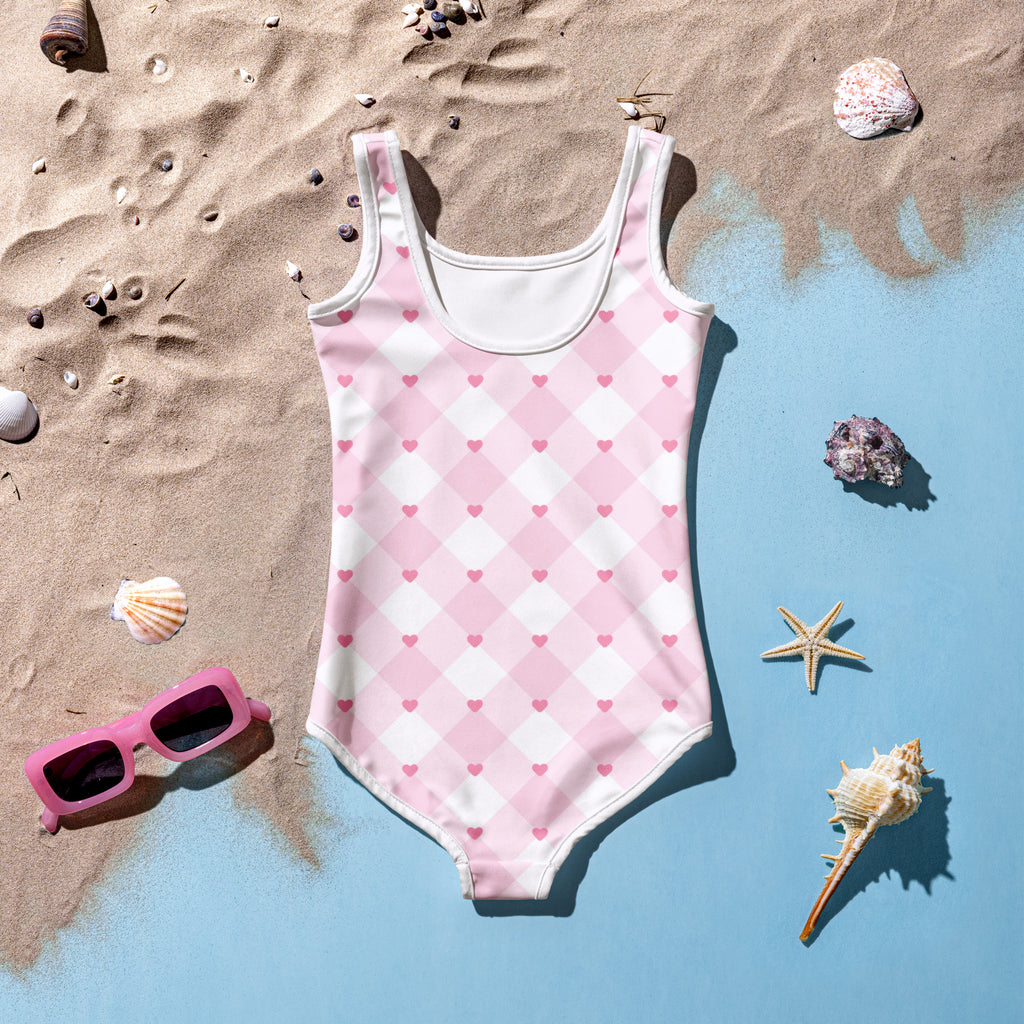 Girls pink gingham heart buttery soft one-piece swimsuit with scoop neckline and upf 50 plus protection