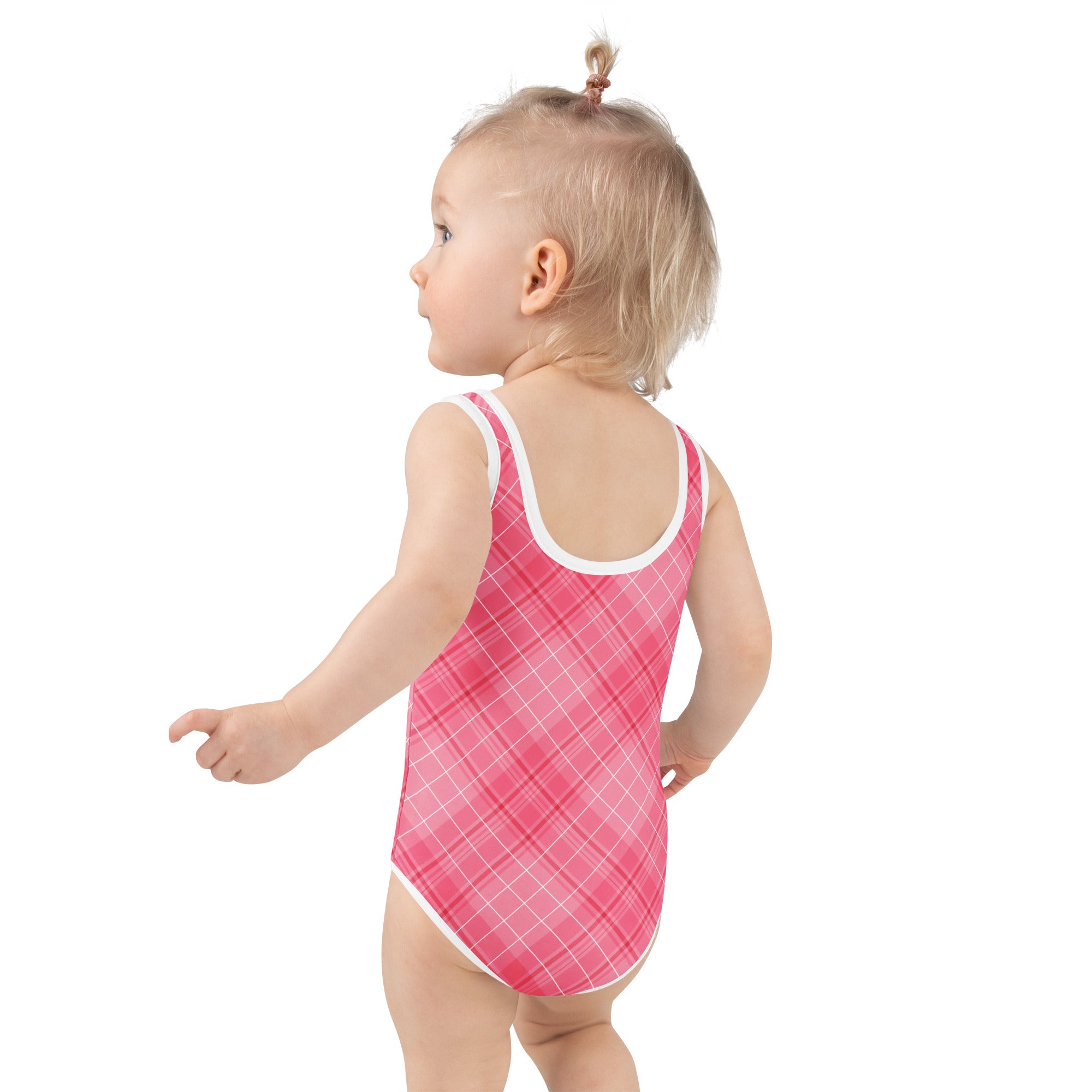 Girls Valentine’s Day pink plaid one-piece swimsuit with white trim buttery soft fabric and UPF 50 plus protection