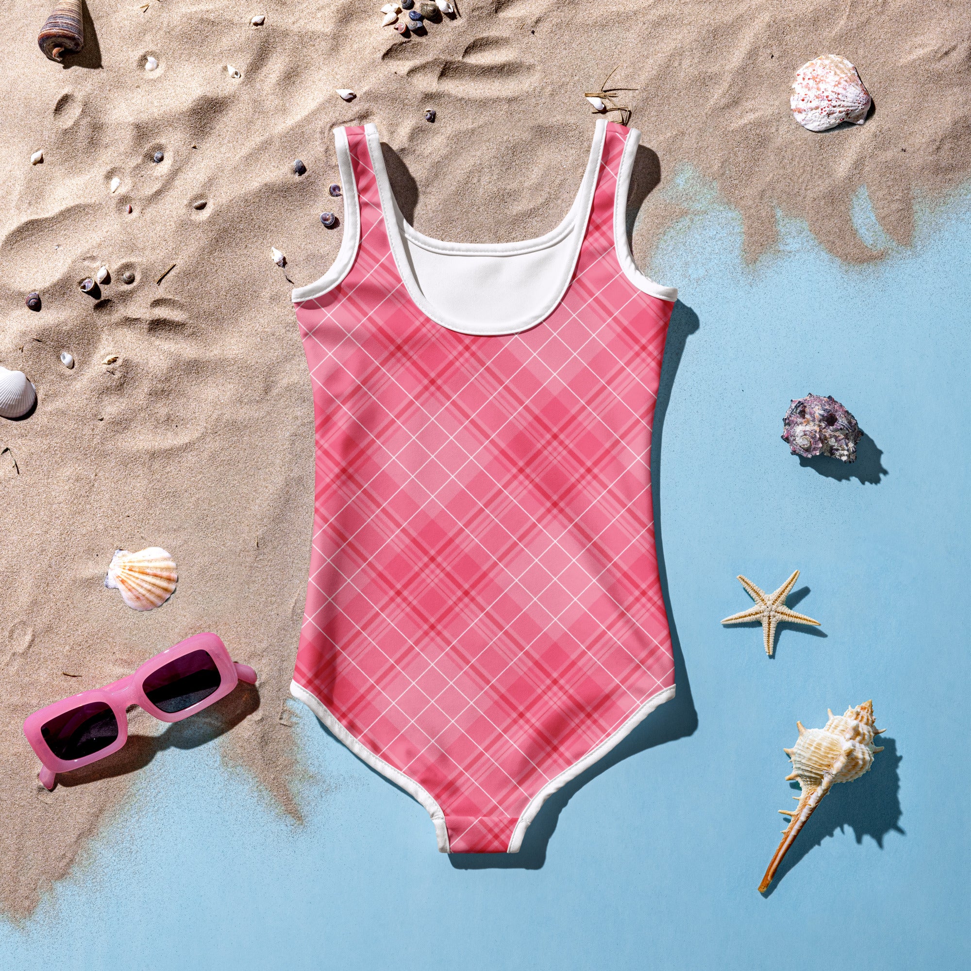 Girls Valentine’s Day pink plaid buttery soft one-piece swimsuit with white trim and UPF 50 plus sun protection