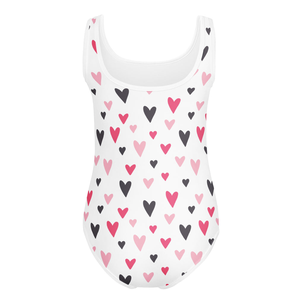 Girls valentine heart buttery soft white one-piece swimsuit with black and pink heart pattern for dance and gymnastics