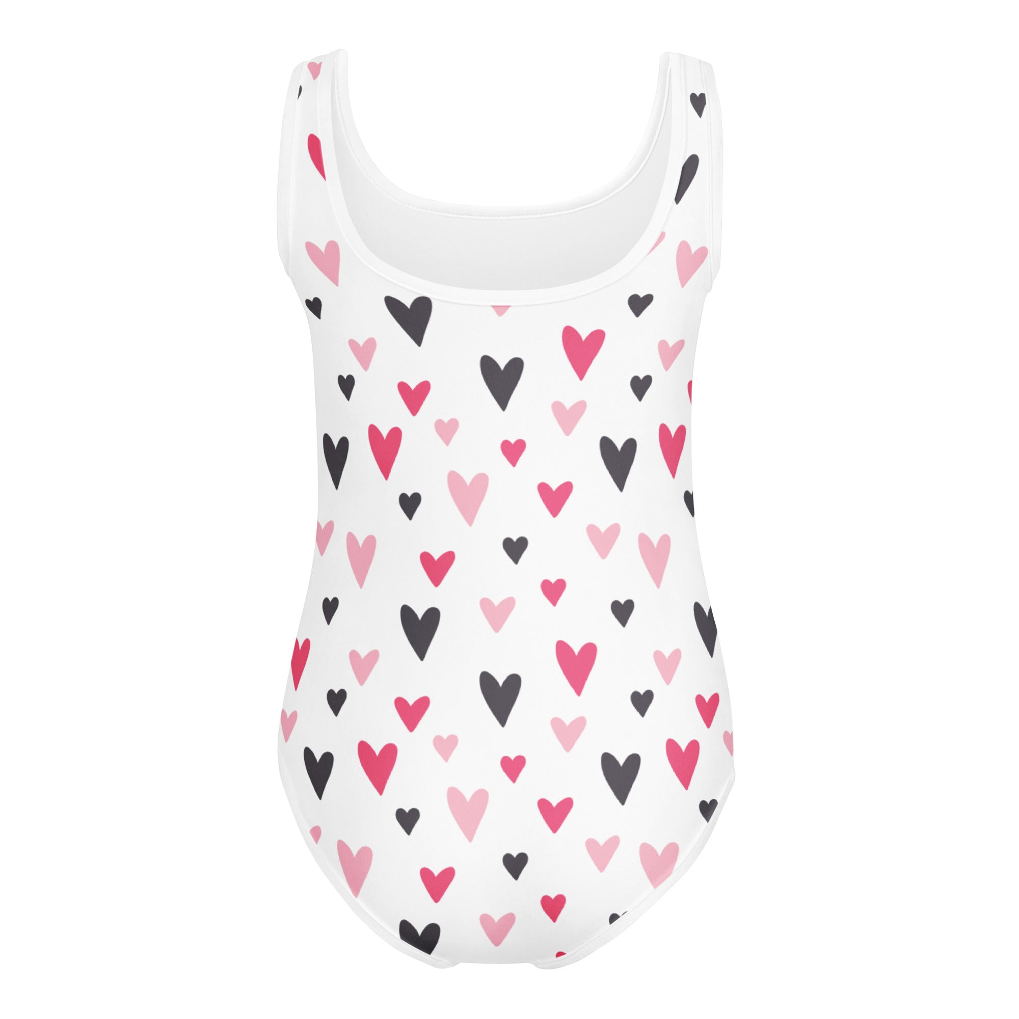 Girls valentine heart buttery soft white one-piece swimsuit with black and pink heart pattern for dance and gymnastics