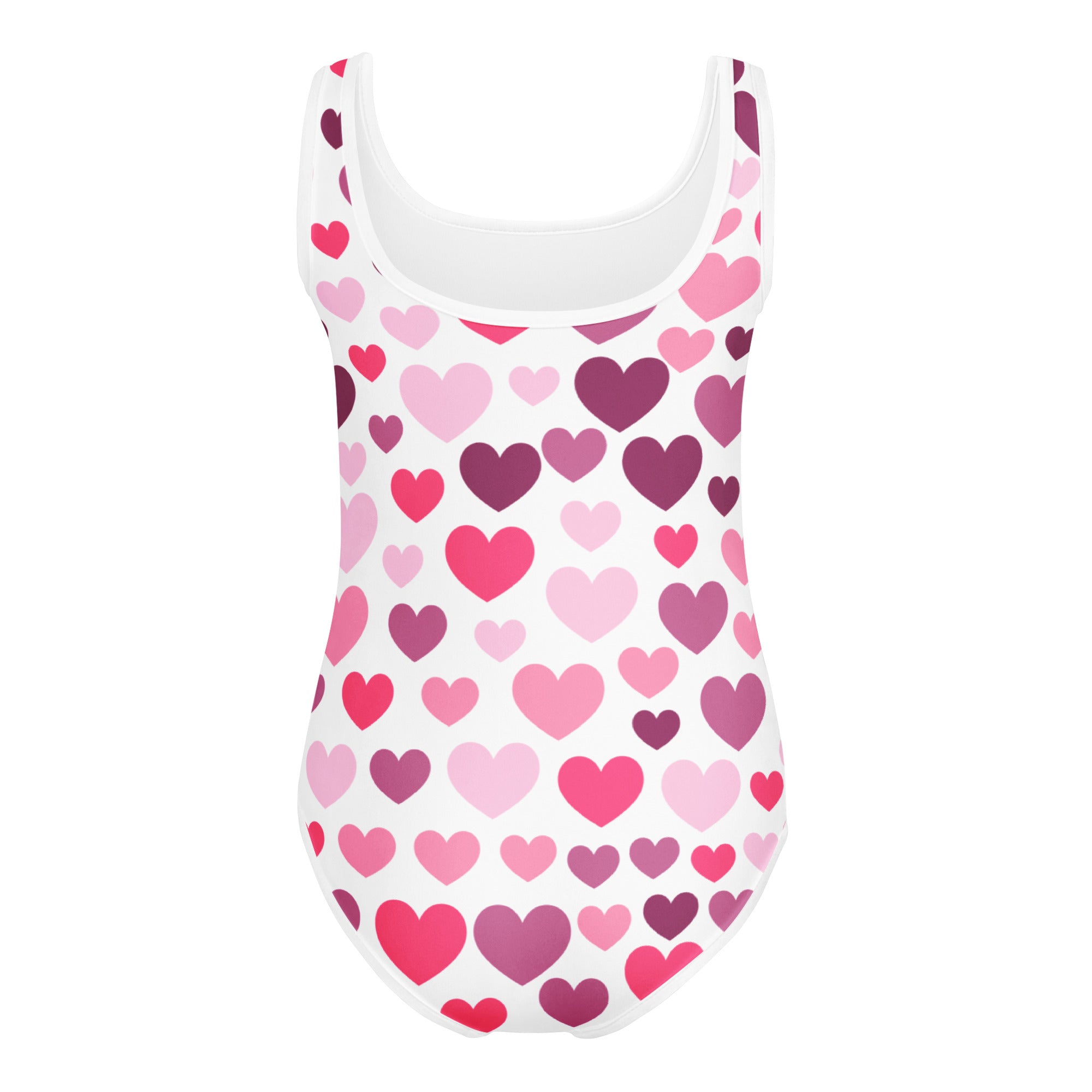 White one-piece girls valentine leotard with pink and purple hearts buttery soft quick drying for dance and gymnastics