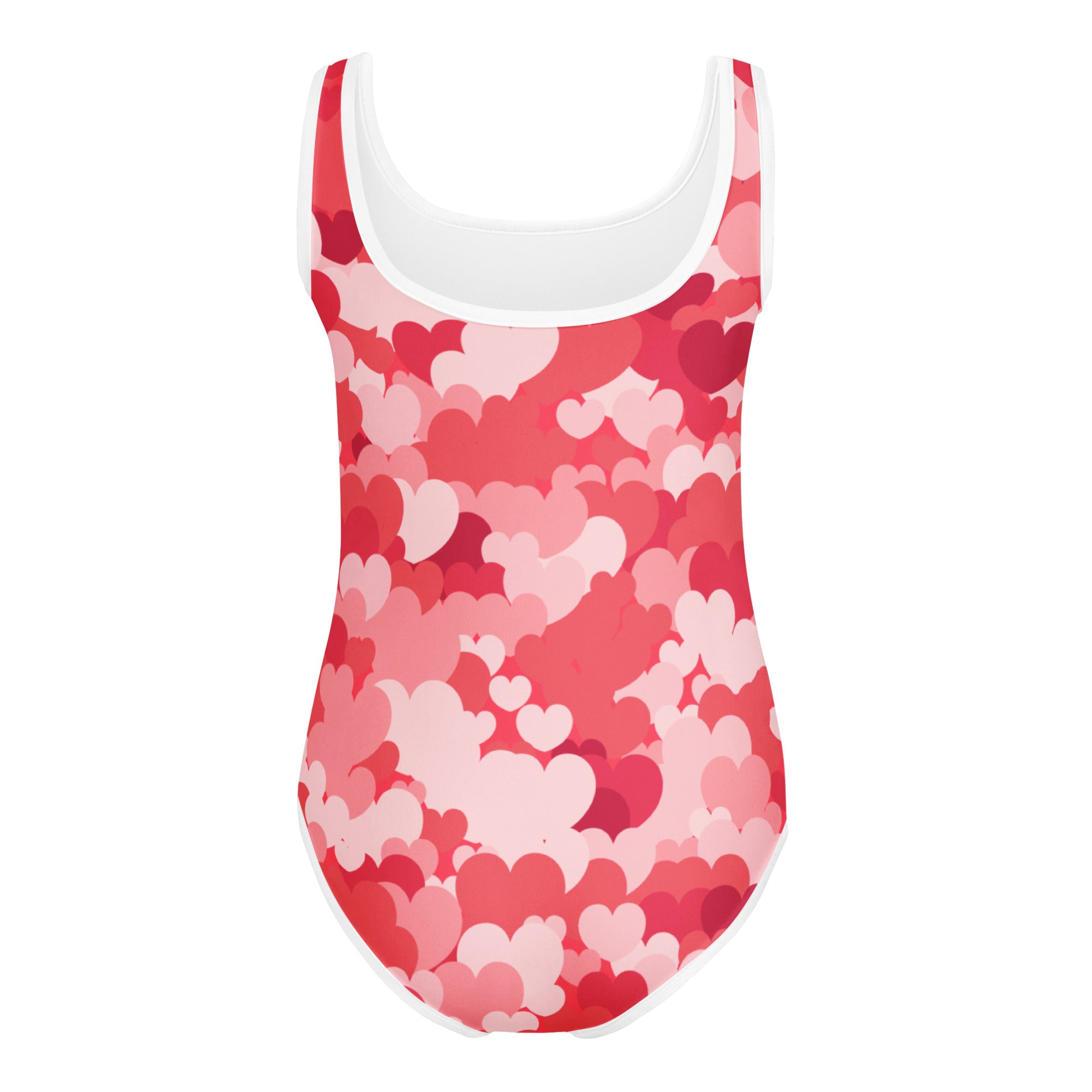 Girls heart cloud buttery soft leotard in pink and red heart print with white trim for dance and gymnastics