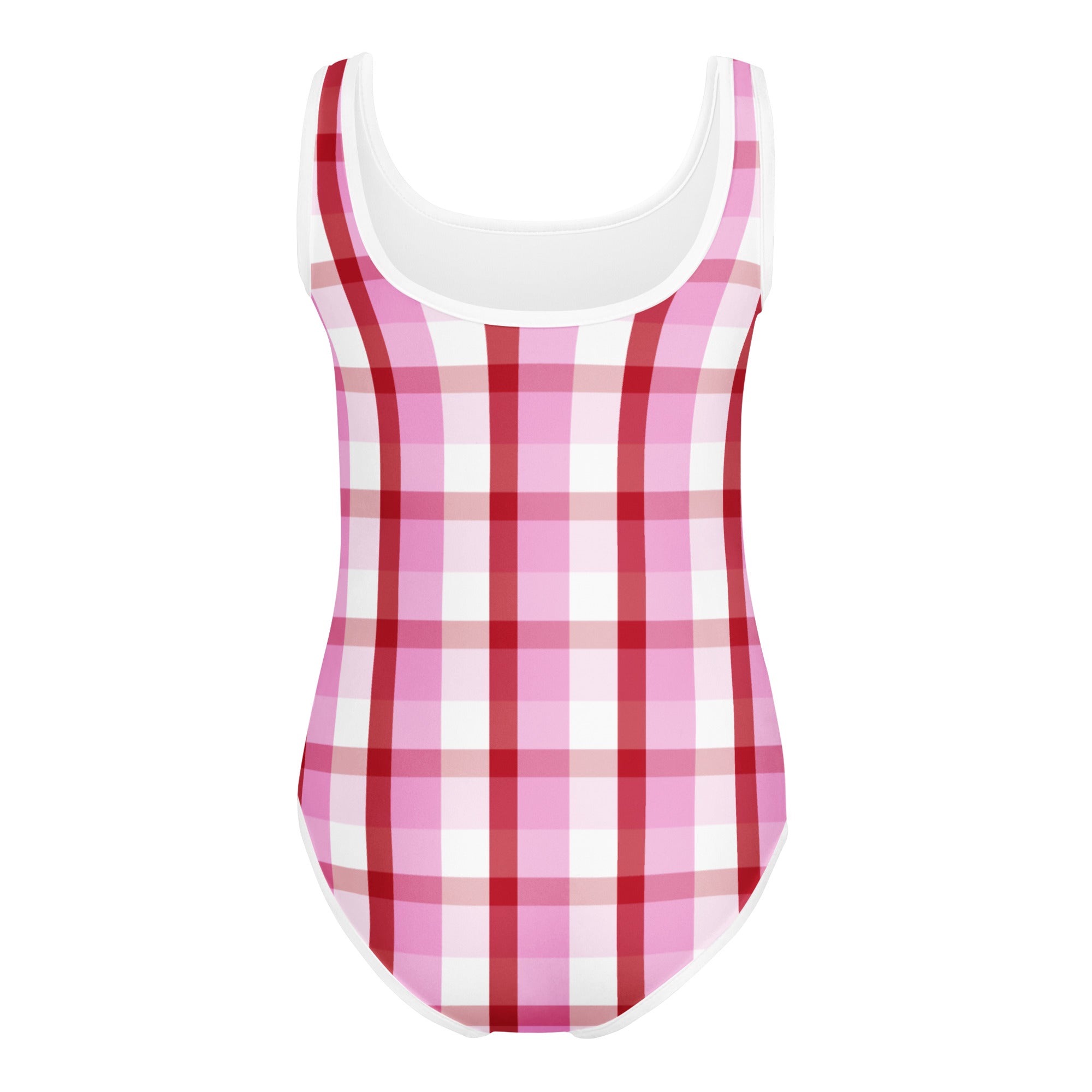 Girls valentine pink and white plaid buttery soft one-piece swimsuit with scoop neckline quick drying for dance and gymnastics