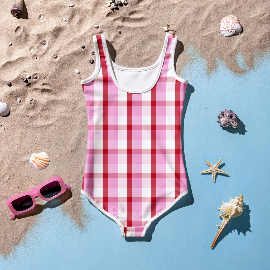 Girls Valentine’s Day pink and white gingham one-piece swimsuit with white trim buttery soft fabric UPF 50 plus front layer