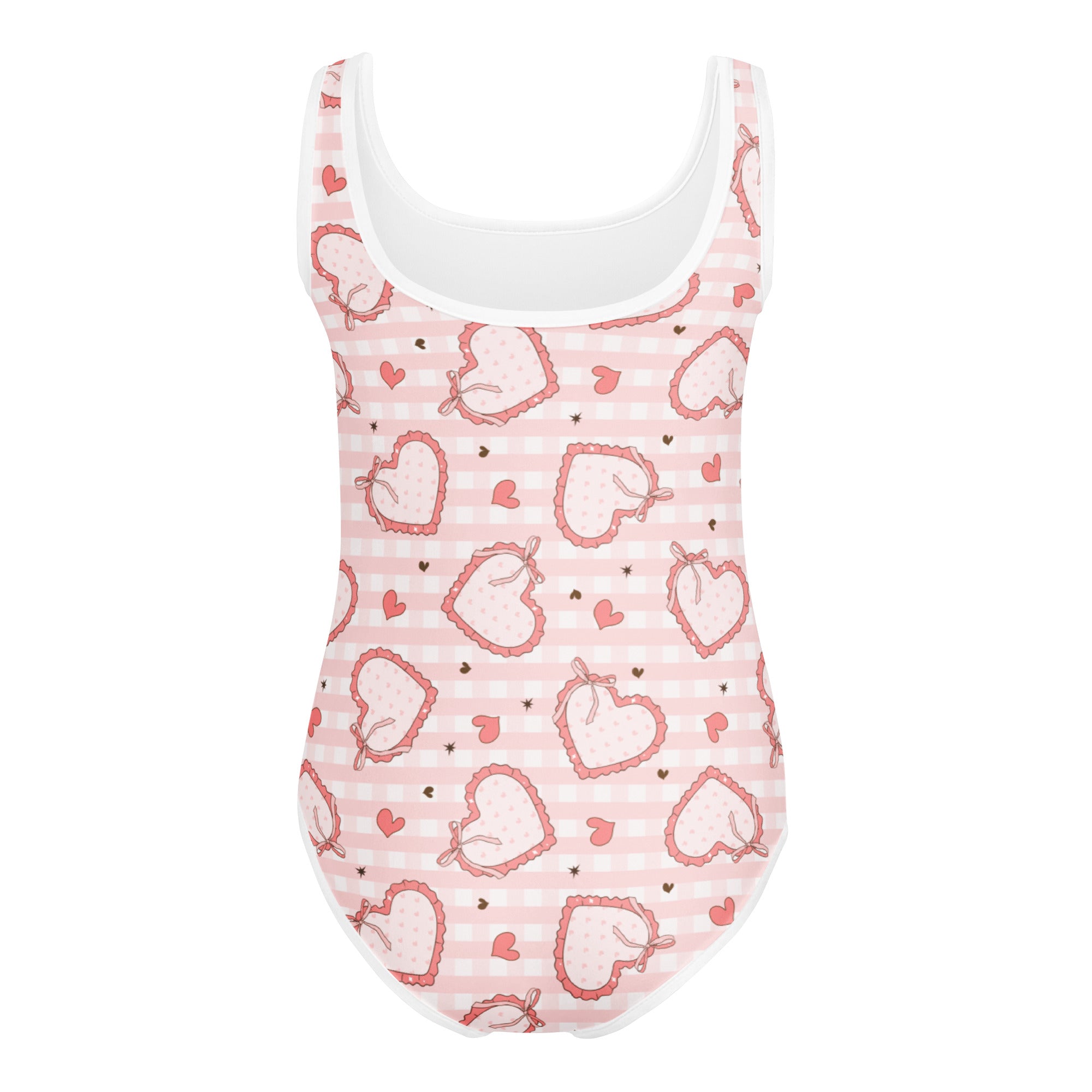 Girls valentine bow heart stripe buttery soft one-piece swimsuit with lace-trimmed pink and white hearts and small bows