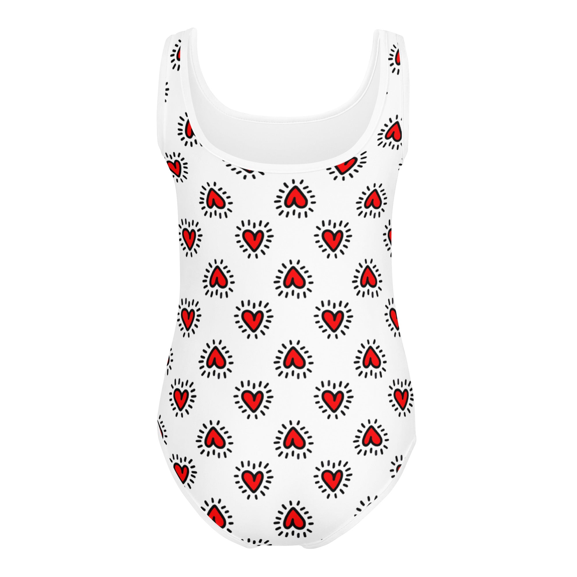 White one-piece girls valentine leotard with red heart pattern and radiant lines quick drying buttery soft for dance