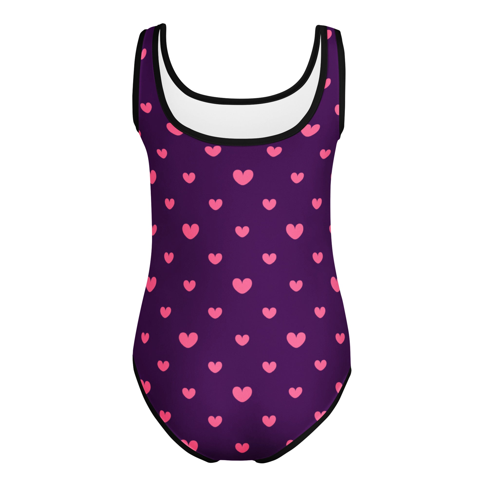Girls purple quick drying buttery soft leotard with pink heart pattern and black trim for dance and gymnastics