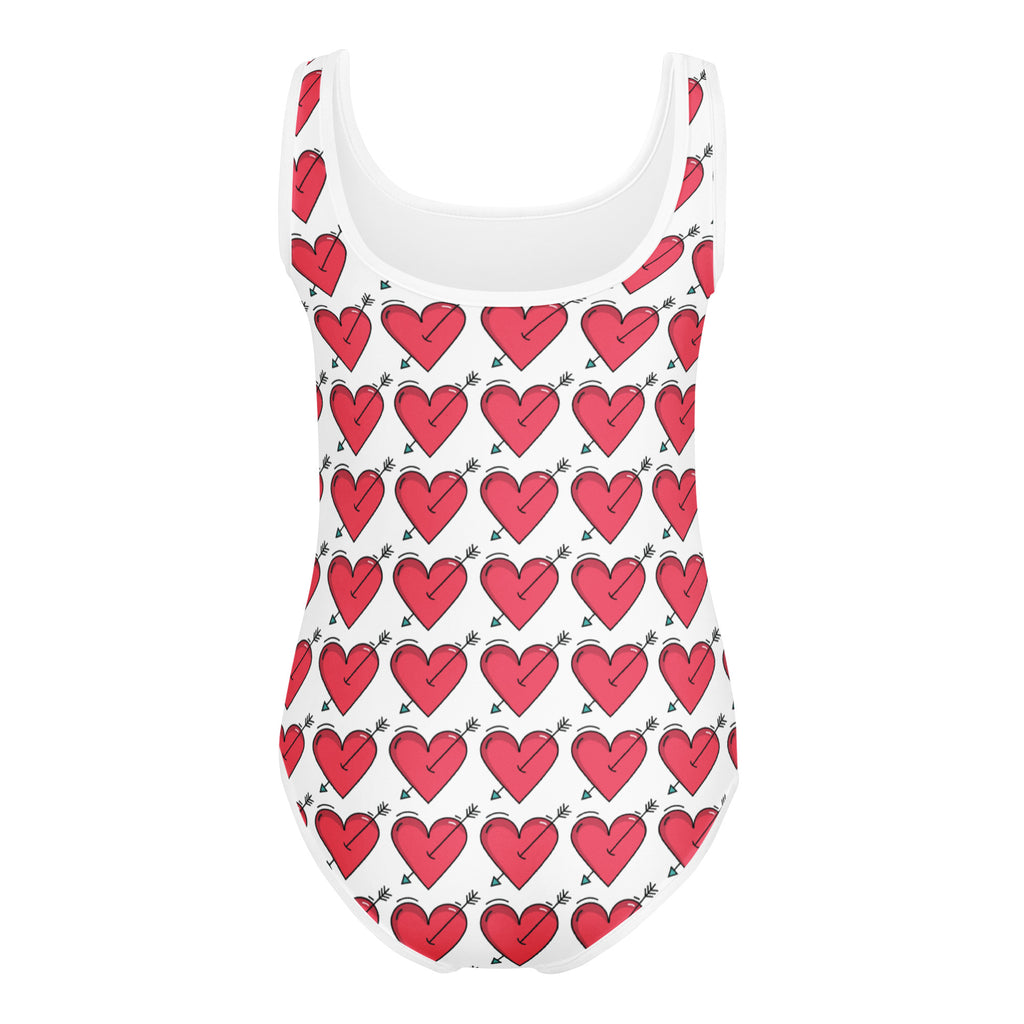 Girls cupid heart valentine buttery soft white swimsuit with red hearts pierced by arrows quick drying for dance and gymnastics