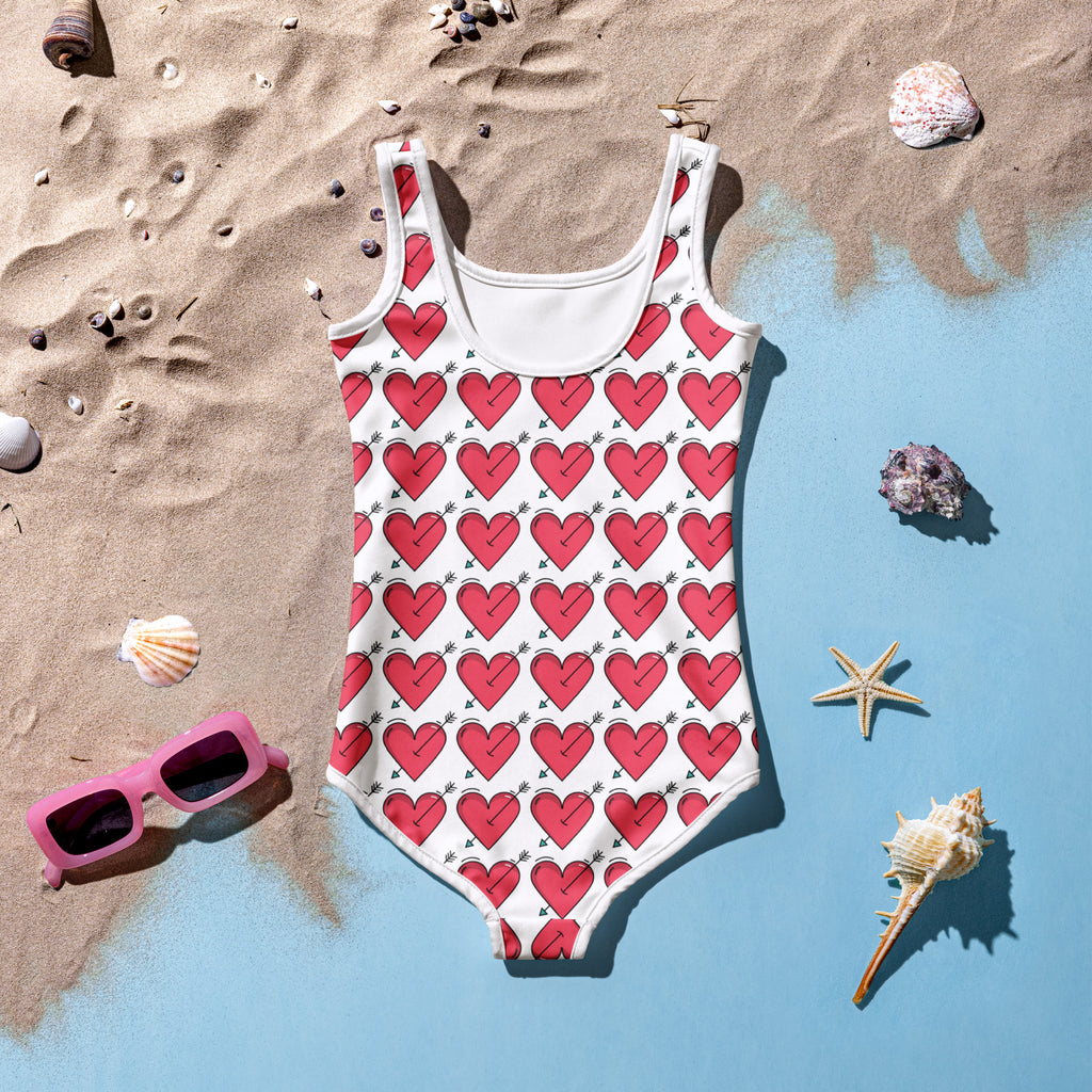 White girls one-piece swimsuit with red hearts pierced by black arrows buttery soft fabric upf 50 double layered front