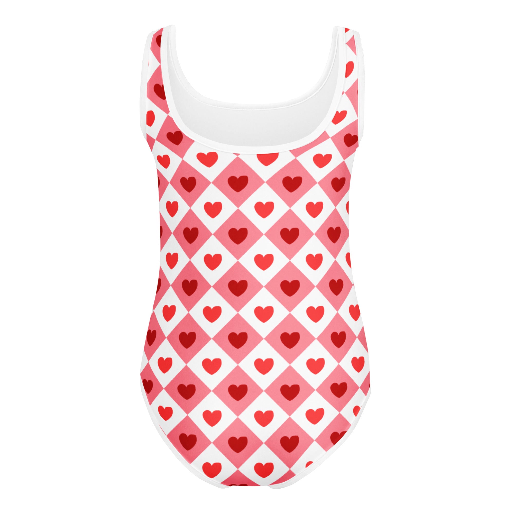 Girls pink argyle heart buttery soft quick drying one-piece swimsuit with scoop neckline for dance and gymnastics