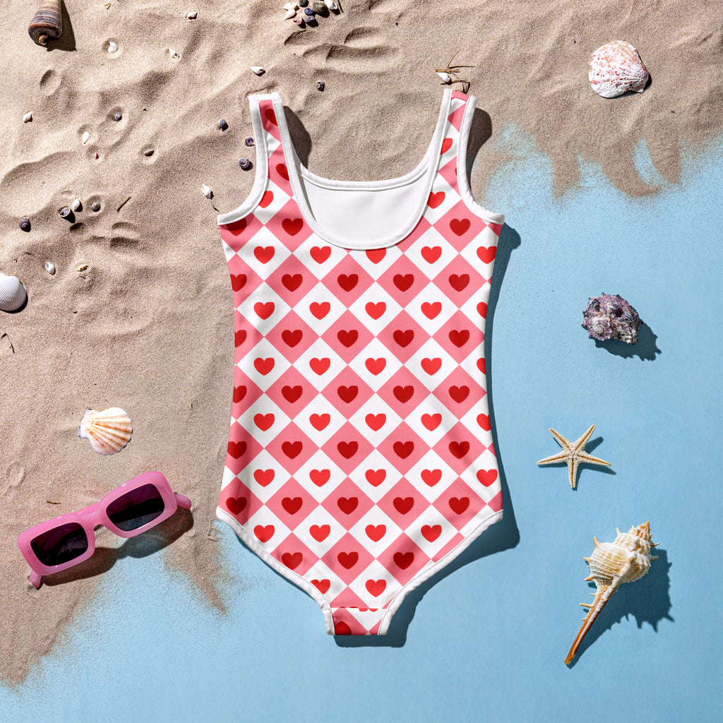 Girls pink diamond hearts buttery soft one-piece swimsuit with scoop neckline and UPF 50 plus protection