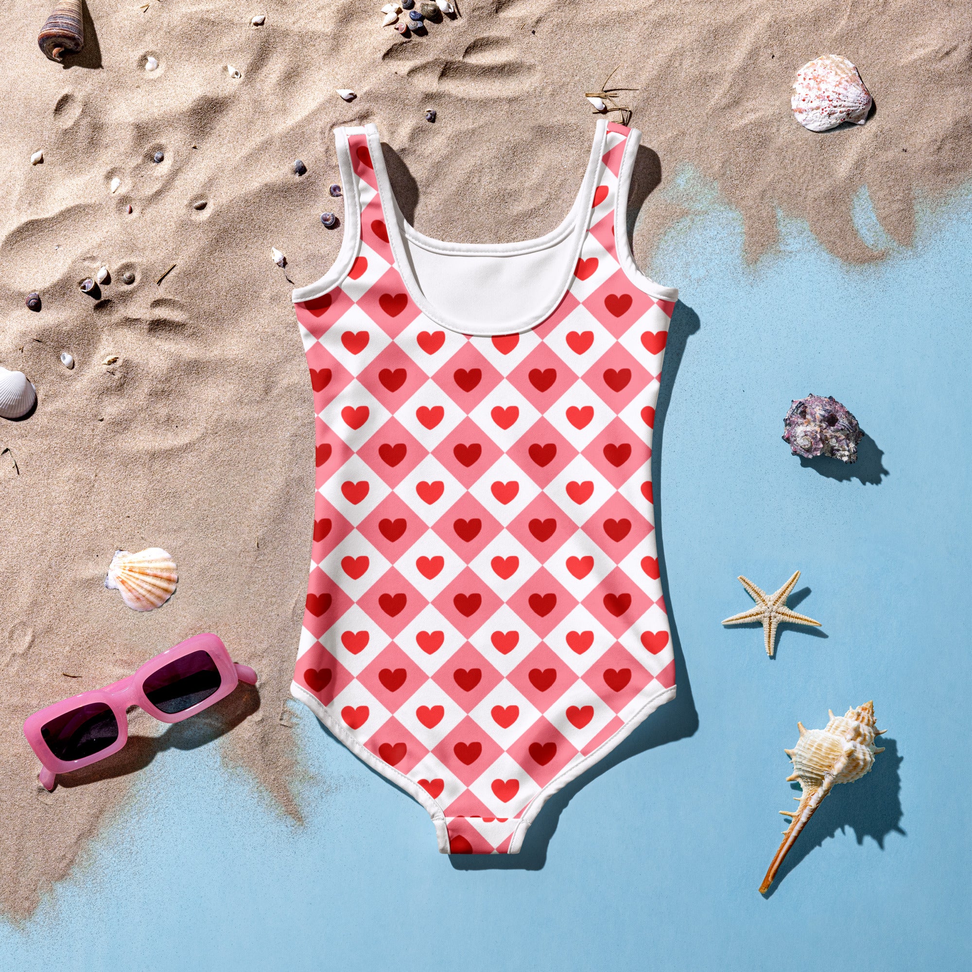 Girls pink diamond hearts buttery soft one-piece swimsuit with scoop neckline and UPF 50 plus protection