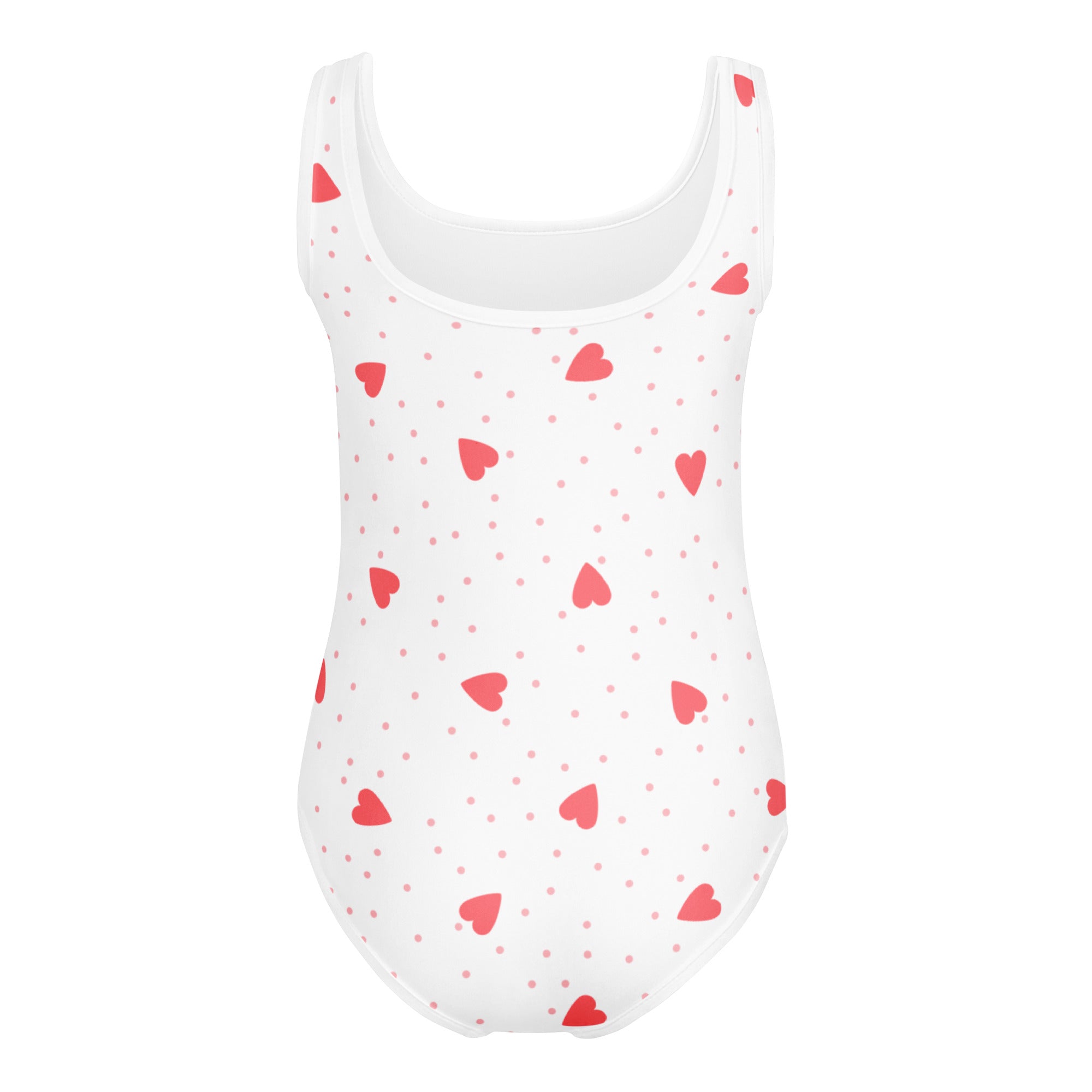 White one-piece swimsuit with red heart and pink polka dot pattern buttery soft quick drying for dance and gymnastics