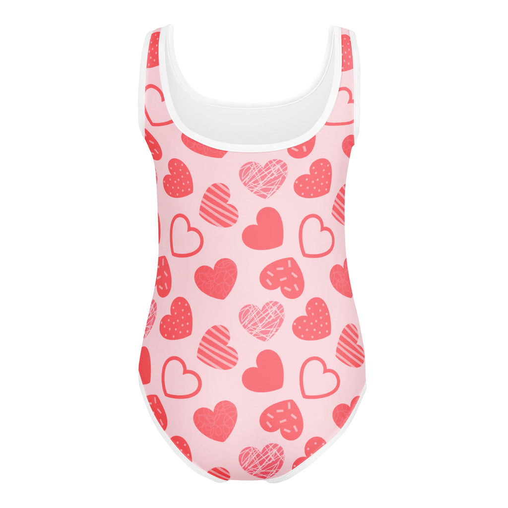 Girls pink heart pattern buttery soft leotard with white trim quick drying for dance and gymnastics