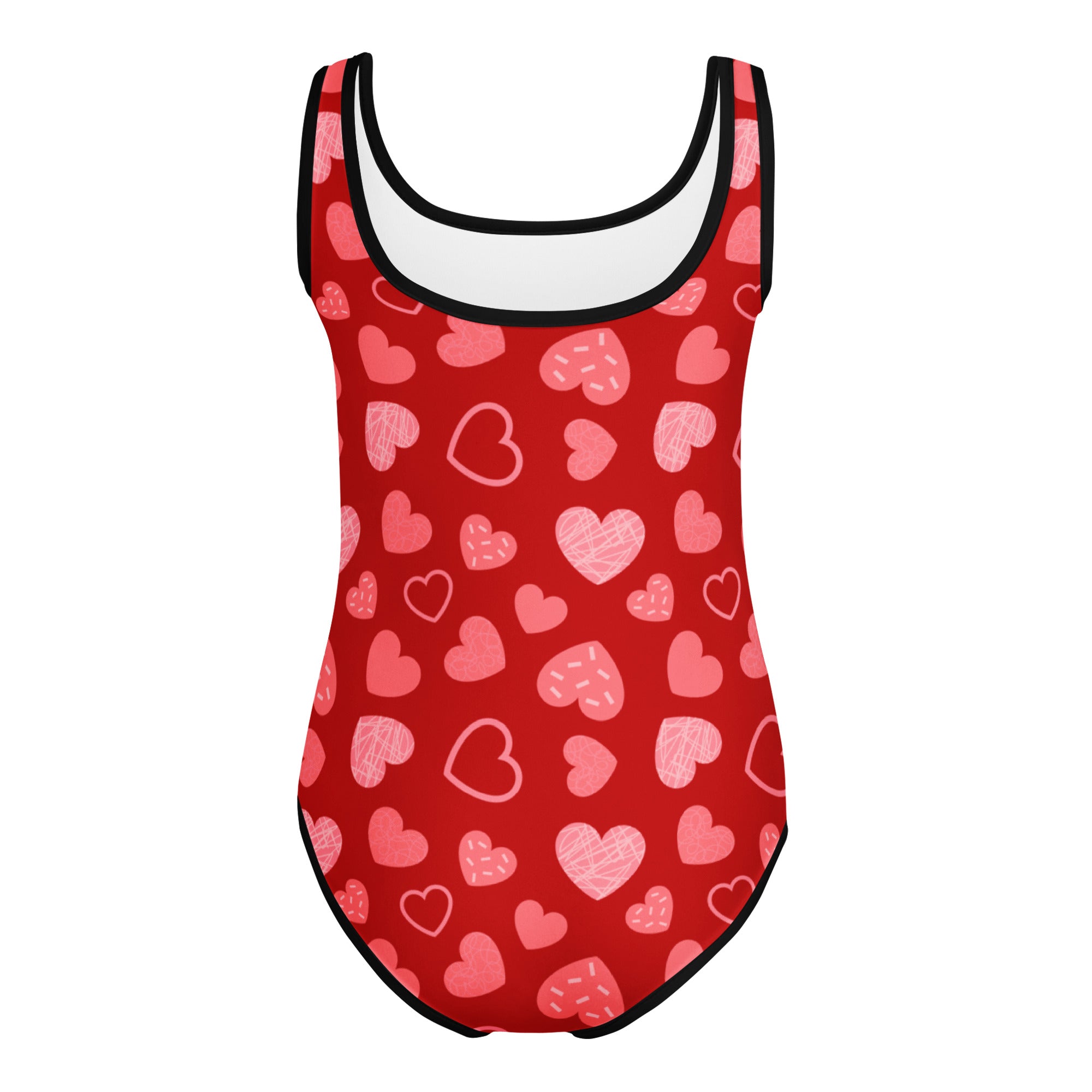 Girls red heart pattern buttery soft leotard with black trim quick drying for dance and gymnastics in one piece
