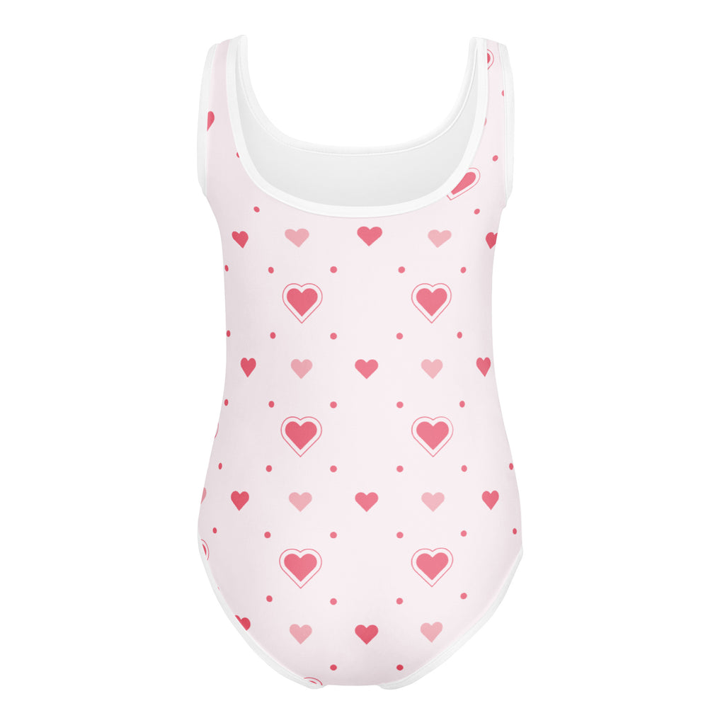 Girls valentine pink heart buttery soft one-piece swimsuit with white trim and red hearts for dance and gymnastics