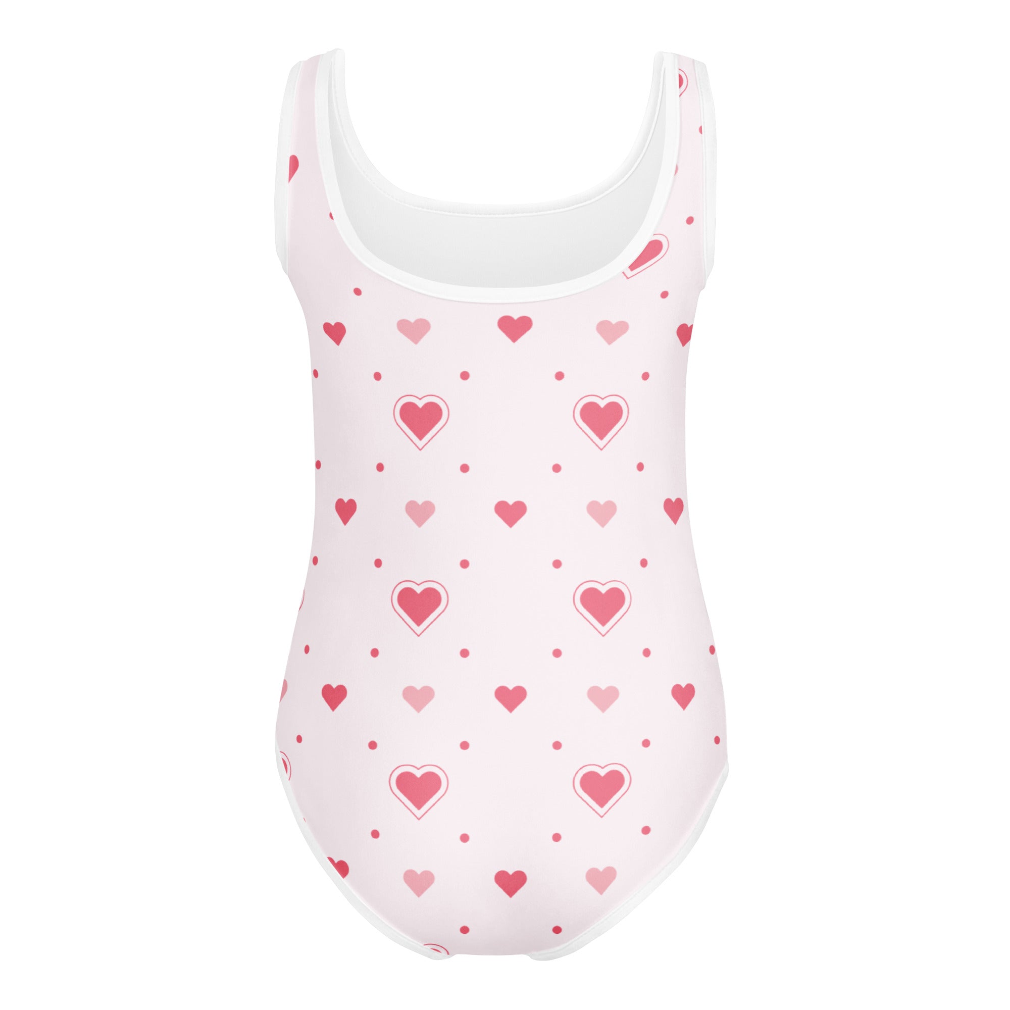 Girls valentine pink heart buttery soft one-piece swimsuit with white trim and red hearts for dance and gymnastics