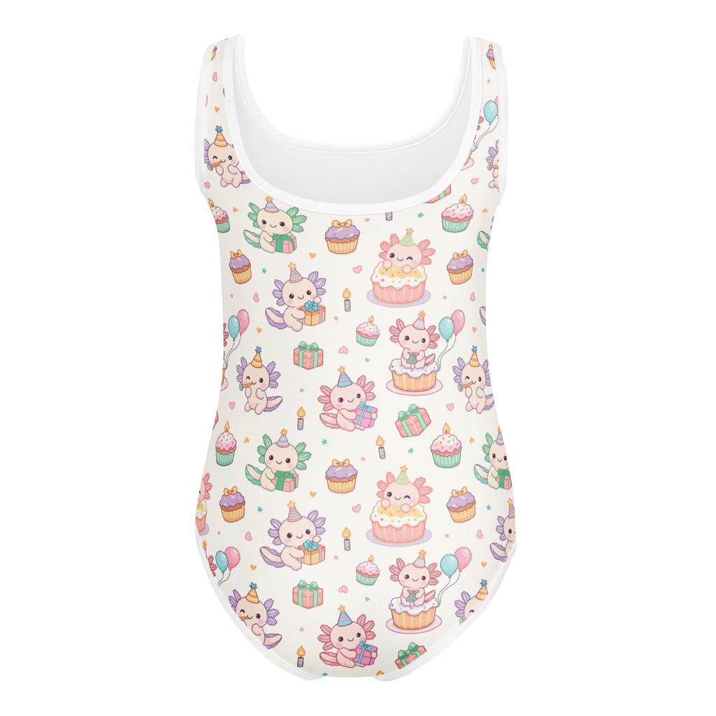 White girls axolotl birthday buttery soft one-piece swimsuit with playful party hat pattern for dance and gymnastics