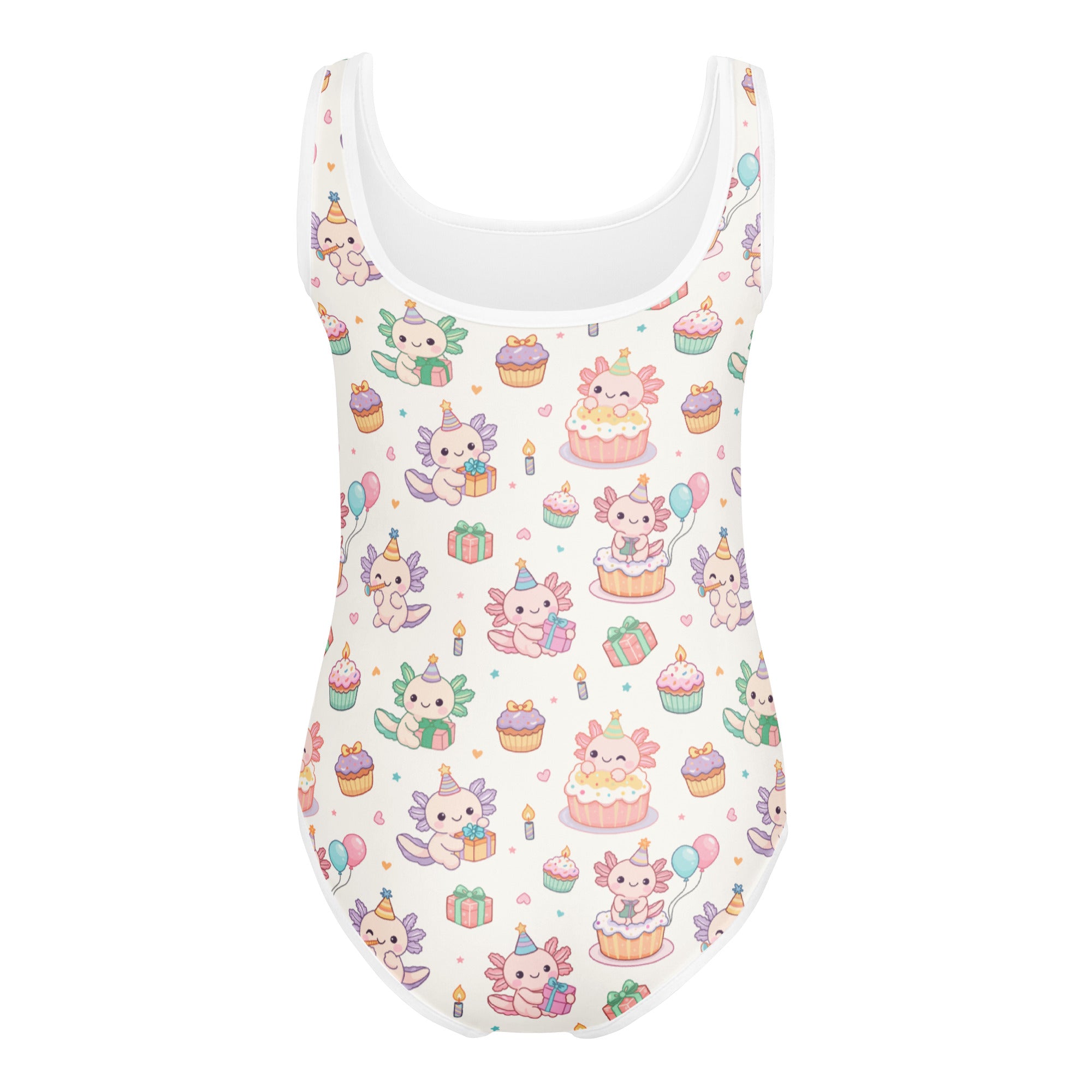 White girls axolotl birthday buttery soft one-piece swimsuit with playful party hat pattern for dance and gymnastics